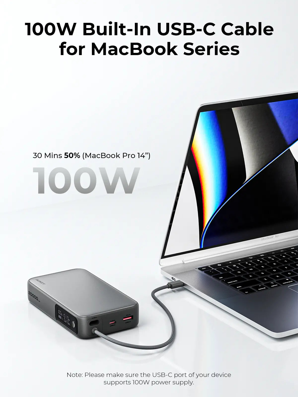 AUKEY Spark Sling 20000mAh 130W Power Bank with Built-in USB-C Cable & Digital Display – PB-Y48