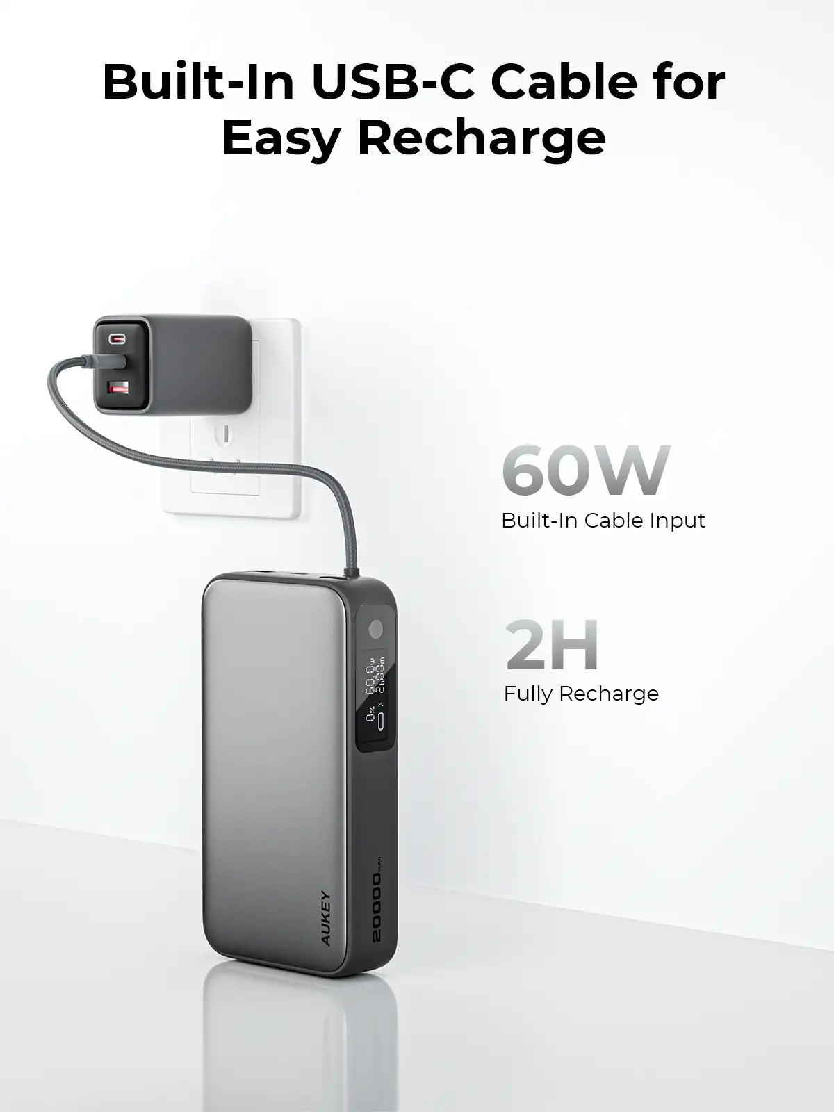AUKEY Spark Sling 20000mAh 130W Power Bank with Built-in USB-C Cable & Digital Display – PB-Y48
