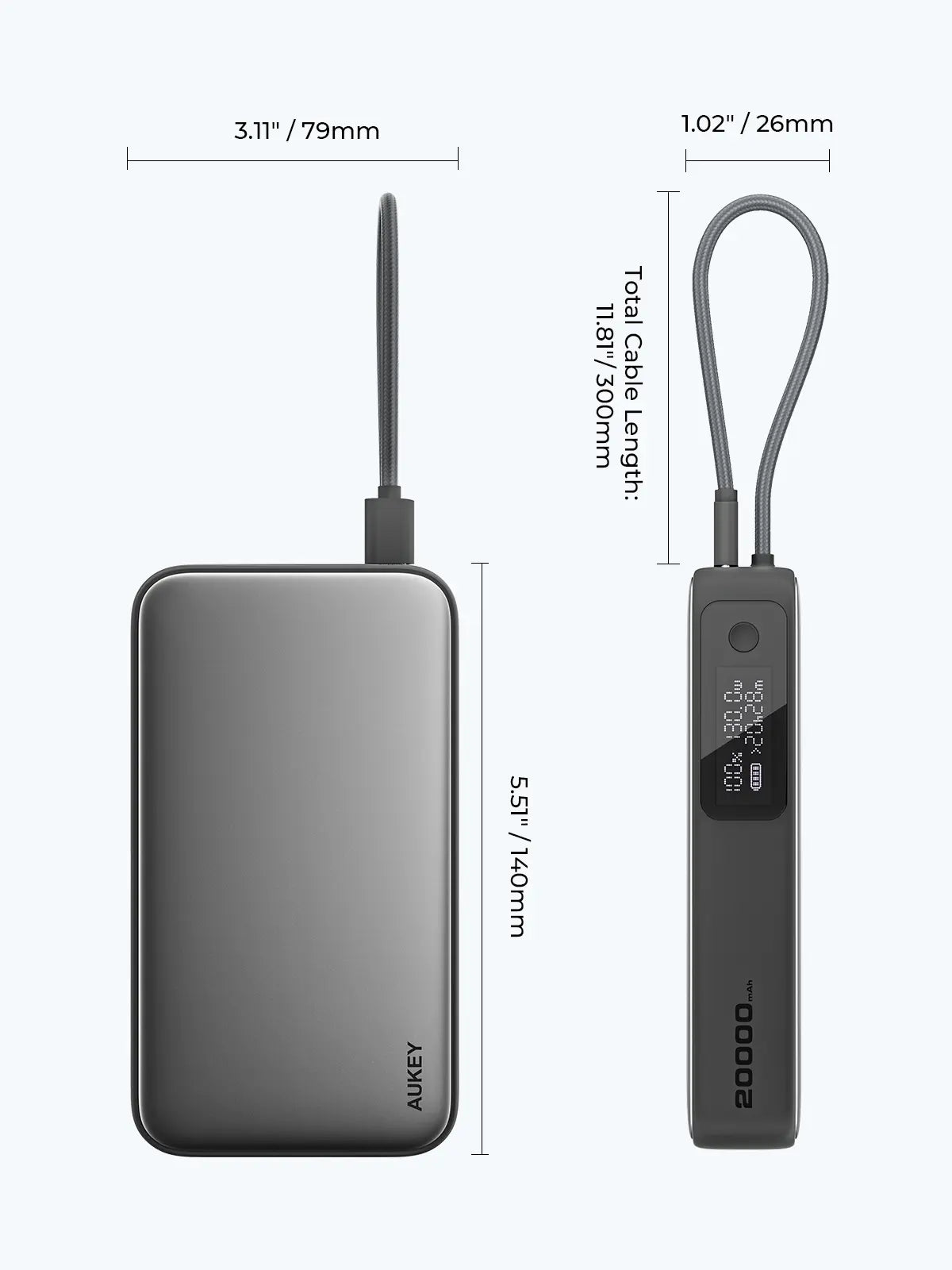 AUKEY Spark Sling 20000mAh 130W Power Bank with Built-in USB-C Cable & Digital Display – PB-Y48