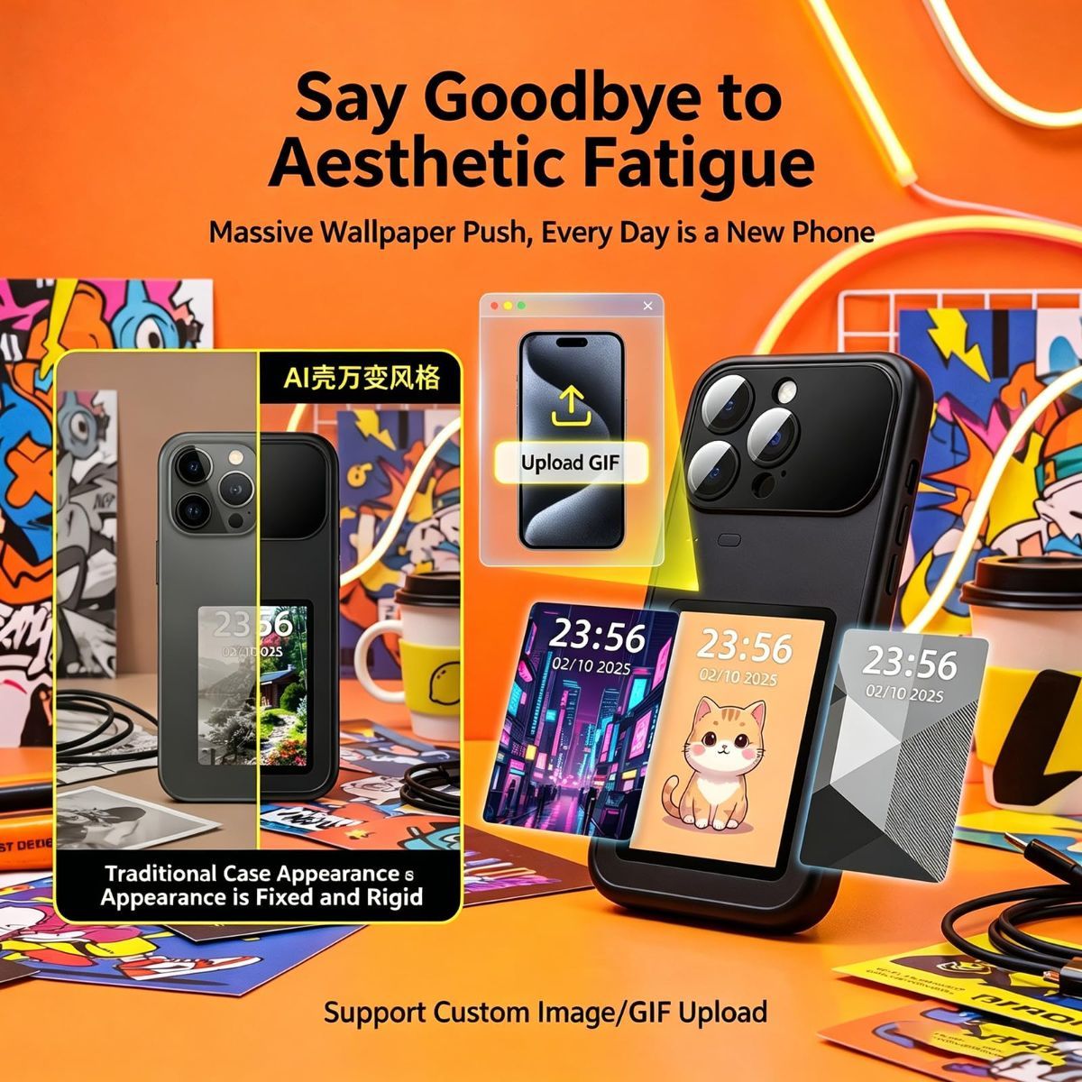 Upgraded 4'' NFC Ink Screen Case for iPhone, Smart Custom DIY Ink Screen Back Cover for iphone,Upload Photo,Text,Always-on NFC Smart Display,4'' High-definition Display - White - Size iPhone14