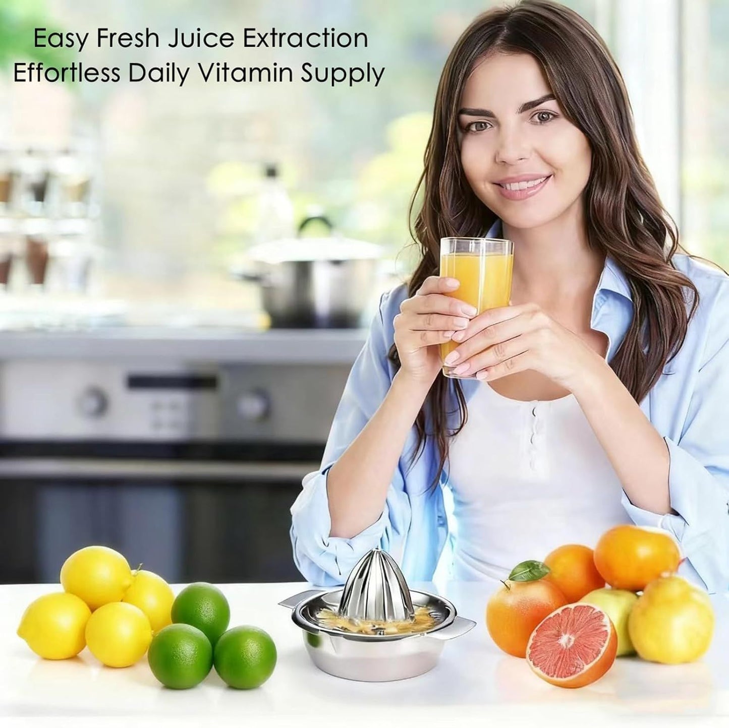 Stainless Steel Manual Citrus Juicer for Home & Travel – Durable Lemon Orange Squeezer with Strainer & Pour Spout (Silver)