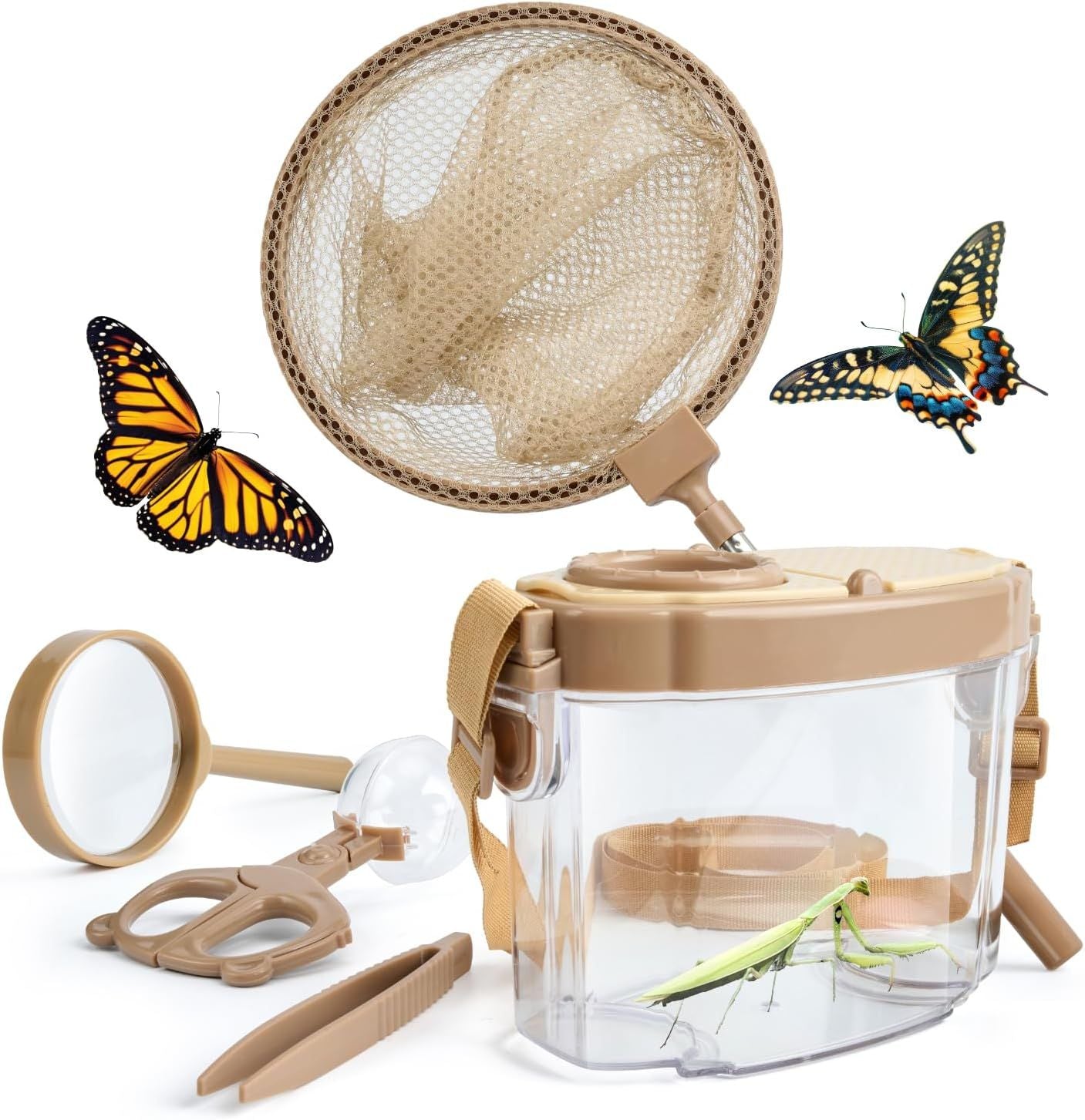 Kids Bug Catching Kit with Extendable Net, Magnifier & Observation Habitat – Outdoor Exploration Toy for Backyard & Camping (Brown)