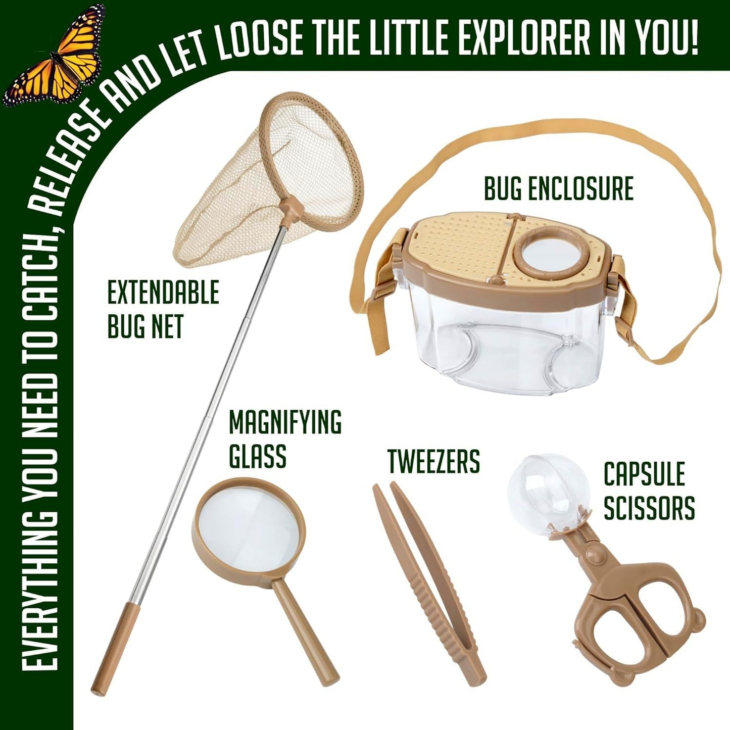 Kids Bug Catching Kit with Extendable Net, Magnifier & Observation Habitat – Outdoor Exploration Toy for Backyard & Camping (Brown)