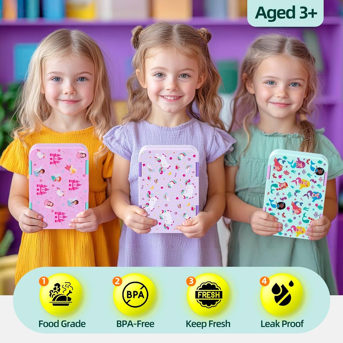 Kids Bento Lunch Box with 6 Compartments, BPA-Free, Microwave & Dishwasher Safe, Leak-Proof for School & Picnics (Pink)