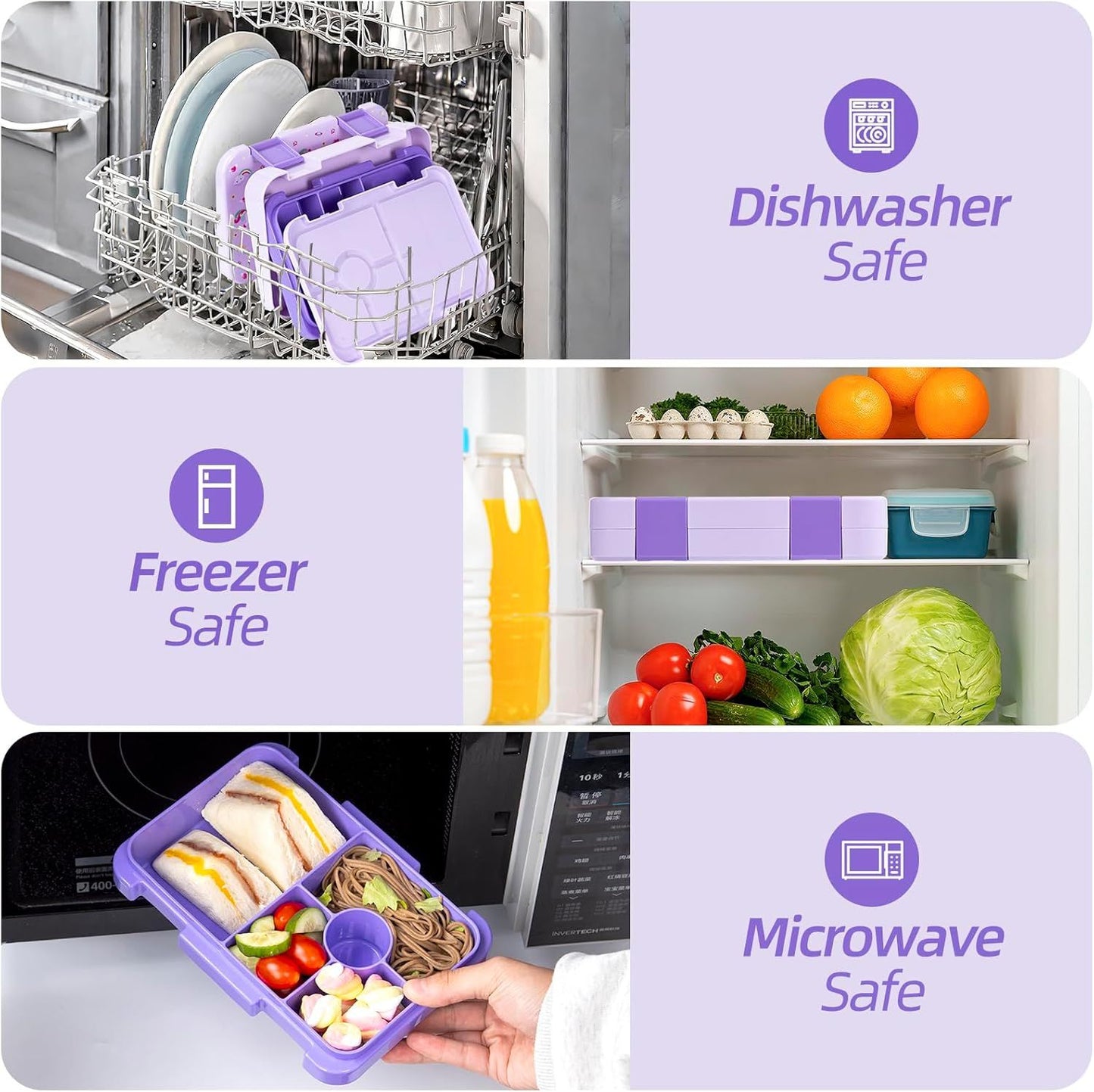 Kids Bento Lunch Box with 6 Compartments, BPA-Free, Microwave & Dishwasher Safe, Leak-Proof for School & Picnics (Purple)