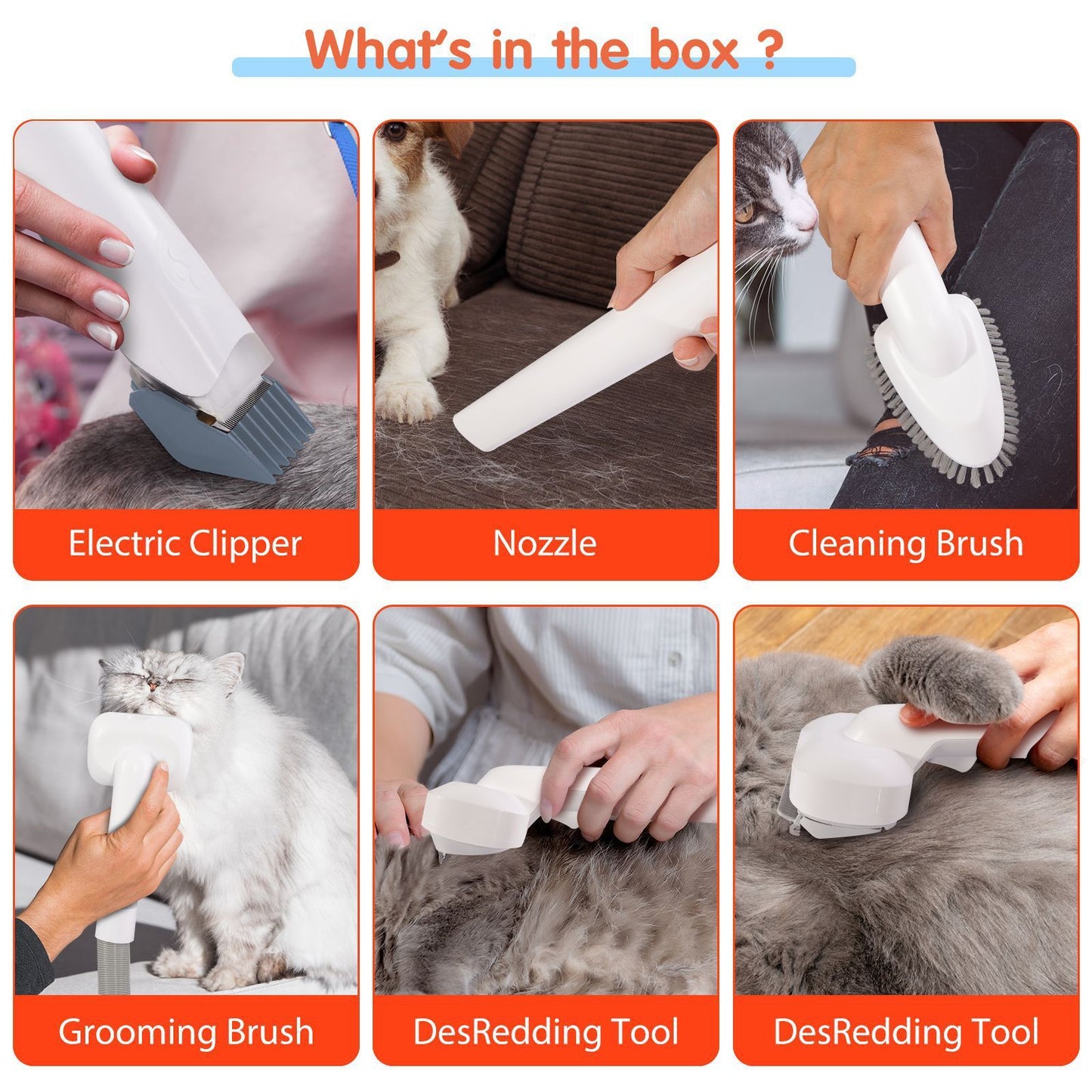 All-in-One Pet Grooming Vacuum Kit with Electric Clipper & Brushes for Dogs and Cats, Low Noise & Strong Suction (Grey)