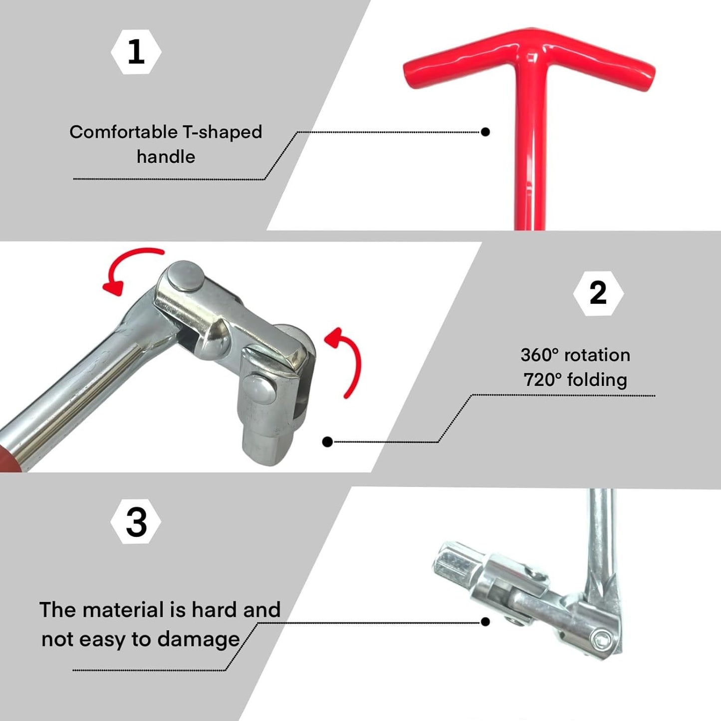 Universal T-Handle Spark Plug Socket Wrench Set for Car, Motorcycle & Lawn Mower Maintenance with Flexible Joint (Silver)