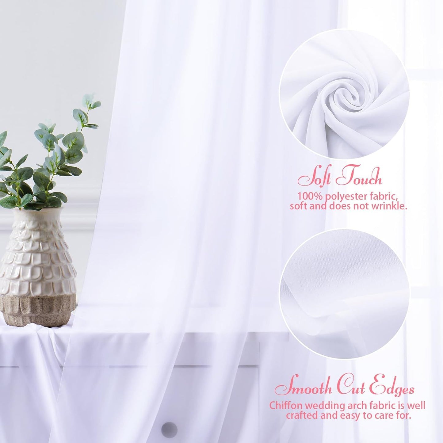 2 Pack Elegant Chiffon Wedding Arch Draping Fabric Panels for Outdoor Ceremony Backdrop and Party Decoration (White)