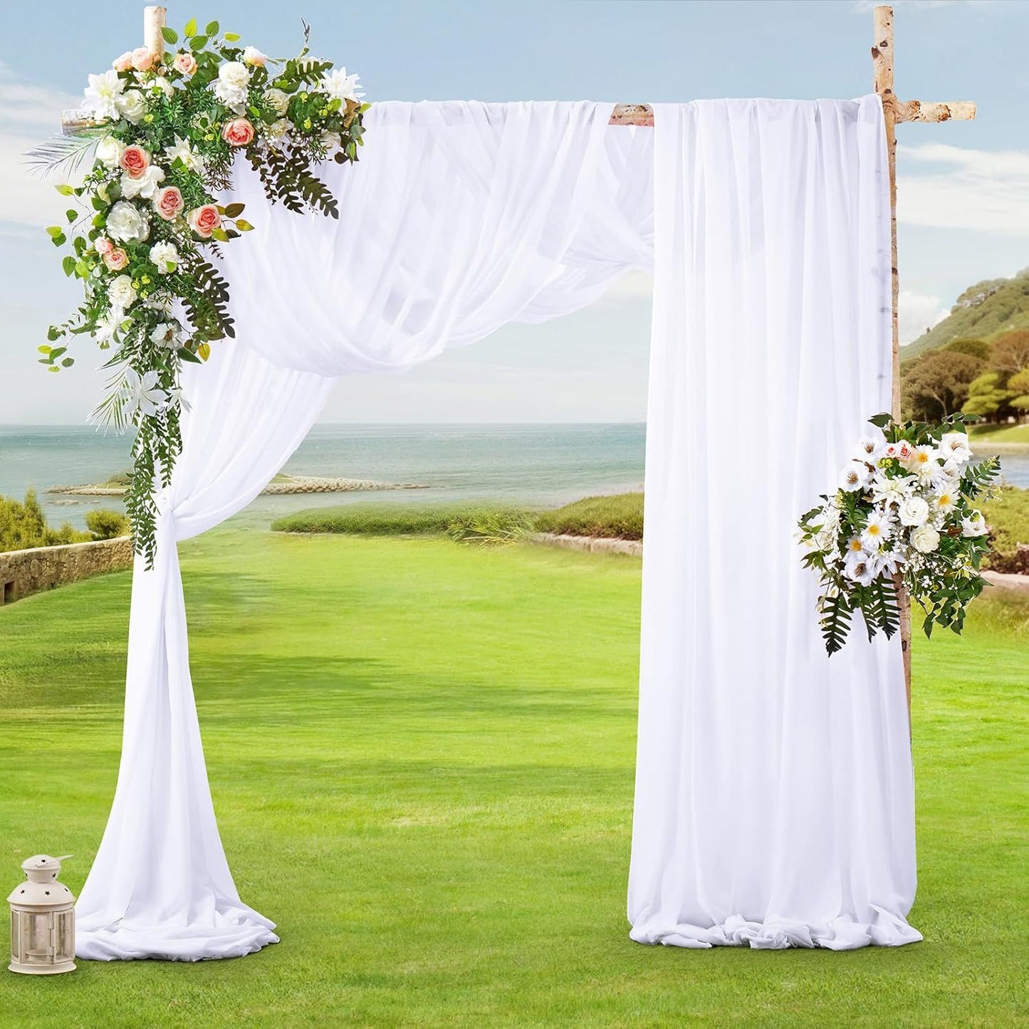 2 Pack Elegant Chiffon Wedding Arch Draping Fabric Panels for Outdoor Ceremony Backdrop and Party Decoration (White)