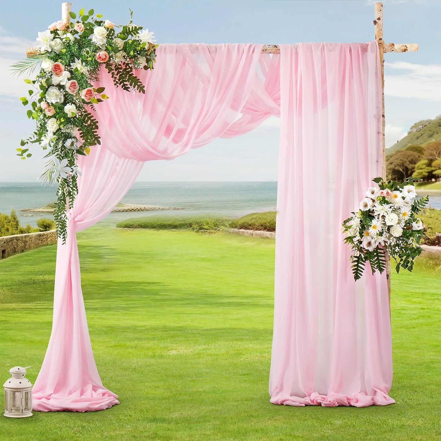 2 Pack Elegant Chiffon Wedding Arch Draping Fabric Panels for Outdoor Ceremony Backdrop and Party Decoration (Pink)