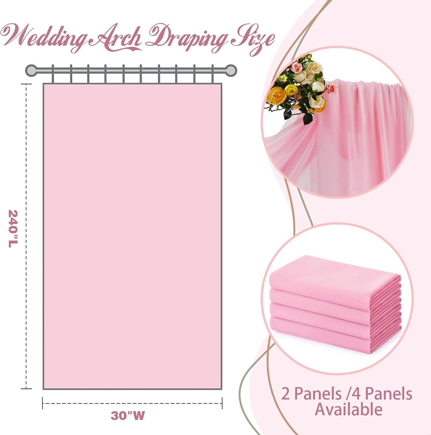 2 Pack Elegant Chiffon Wedding Arch Draping Fabric Panels for Outdoor Ceremony Backdrop and Party Decoration (Pink)