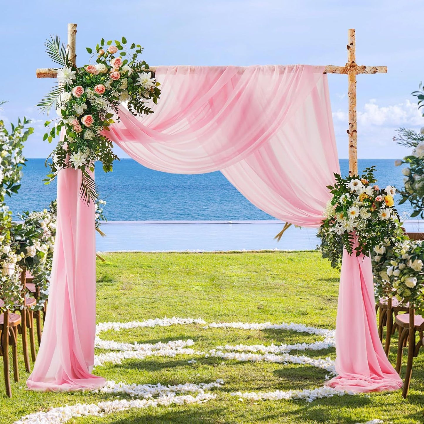 2 Pack Elegant Chiffon Wedding Arch Draping Fabric Panels for Outdoor Ceremony Backdrop and Party Decoration (Pink)