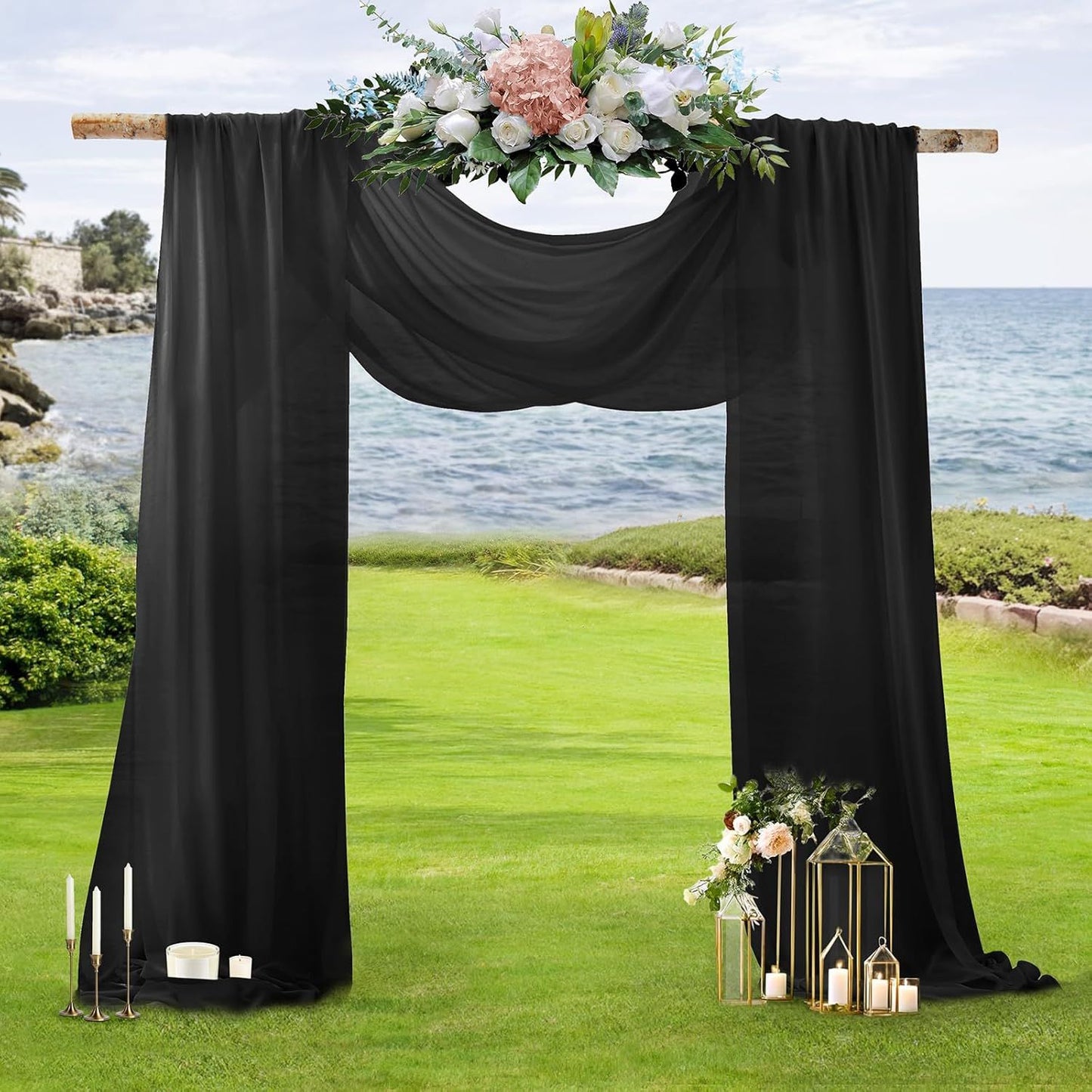 2 Pack Elegant Chiffon Wedding Arch Draping Fabric Panels for Outdoor Ceremony Backdrop and Party Decoration (Black)