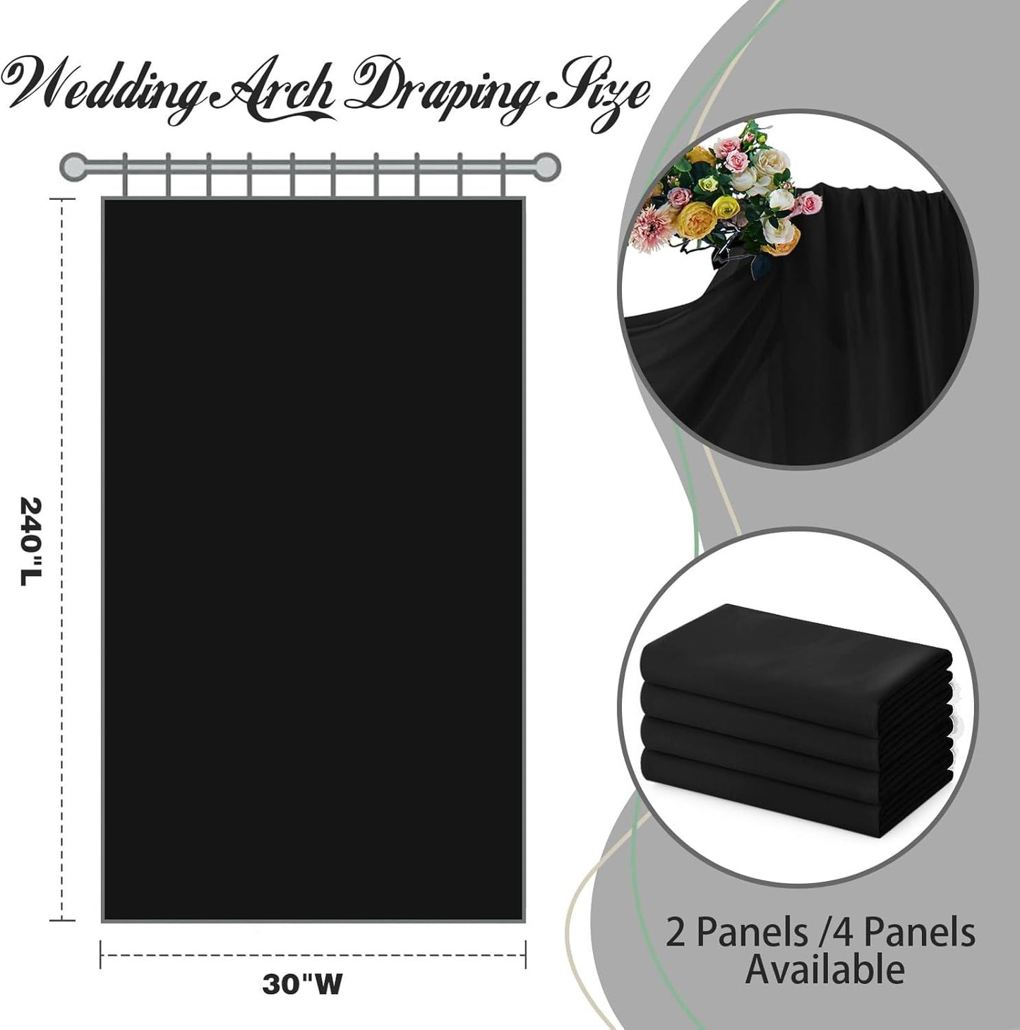 2 Pack Elegant Chiffon Wedding Arch Draping Fabric Panels for Outdoor Ceremony Backdrop and Party Decoration (Black)