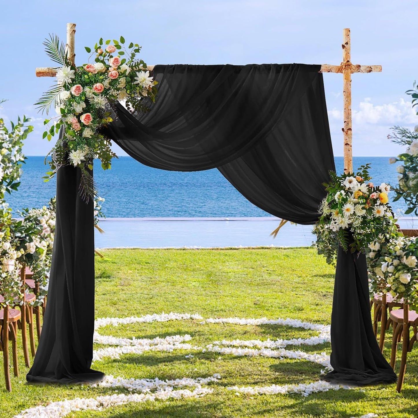 2 Pack Elegant Chiffon Wedding Arch Draping Fabric Panels for Outdoor Ceremony Backdrop and Party Decoration (Black)