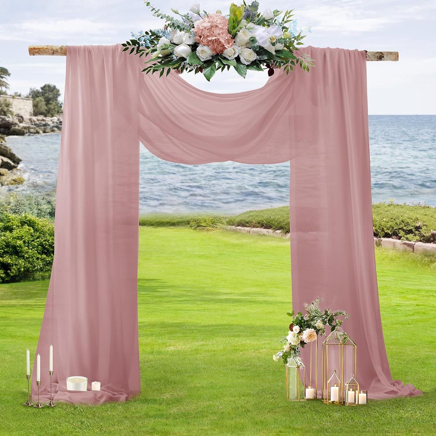 2 Pack Elegant Chiffon Wedding Arch Draping Fabric Panels for Outdoor Ceremony Backdrop and Party Decoration (Dusty Rose)