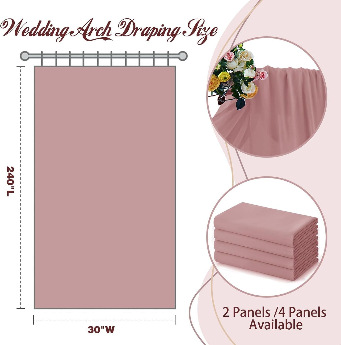 2 Pack Elegant Chiffon Wedding Arch Draping Fabric Panels for Outdoor Ceremony Backdrop and Party Decoration (Dusty Rose)