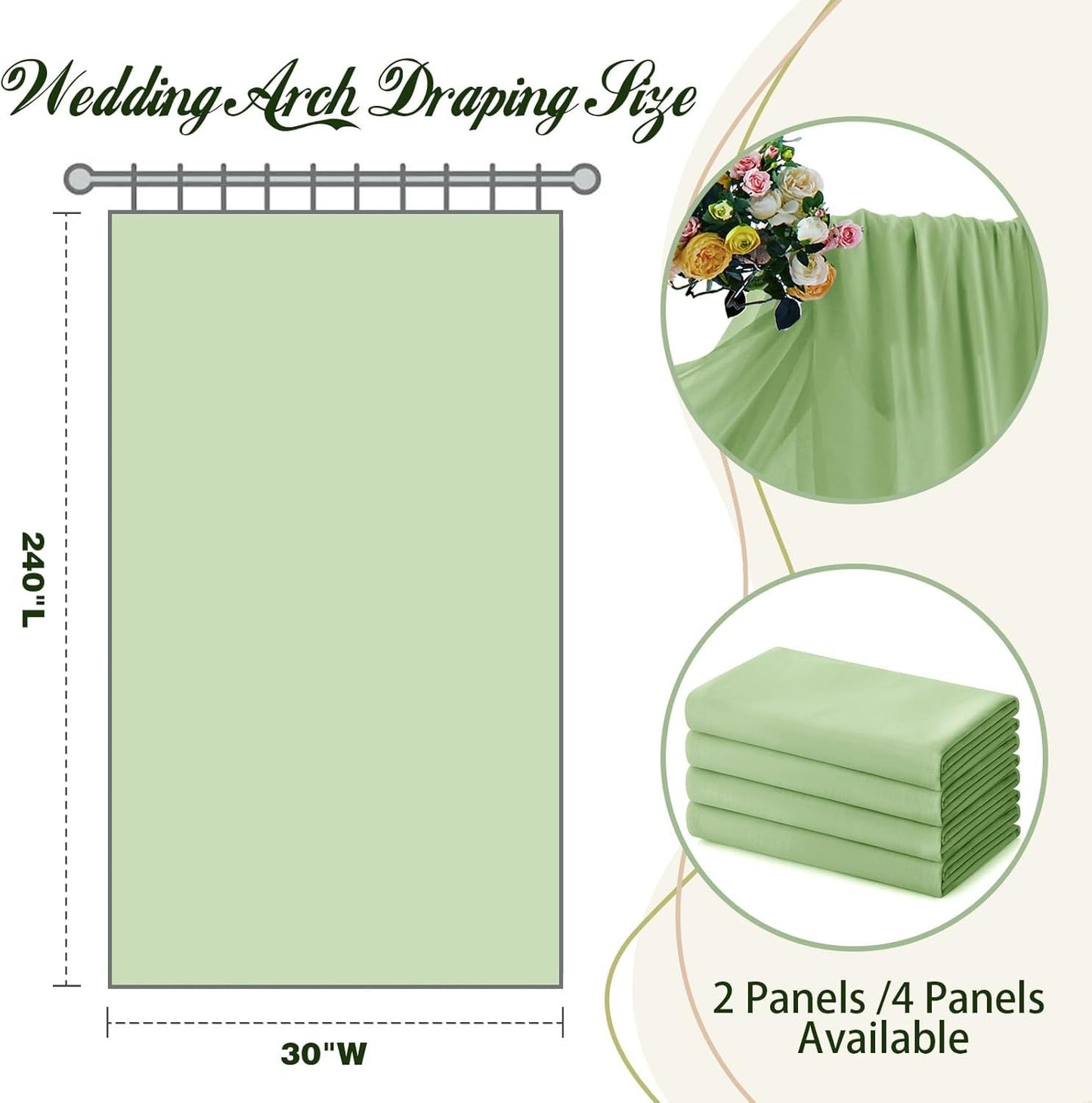 2 Pack Elegant Chiffon Wedding Arch Draping Fabric Panels for Outdoor Ceremony Backdrop and Party Decoration (Green)