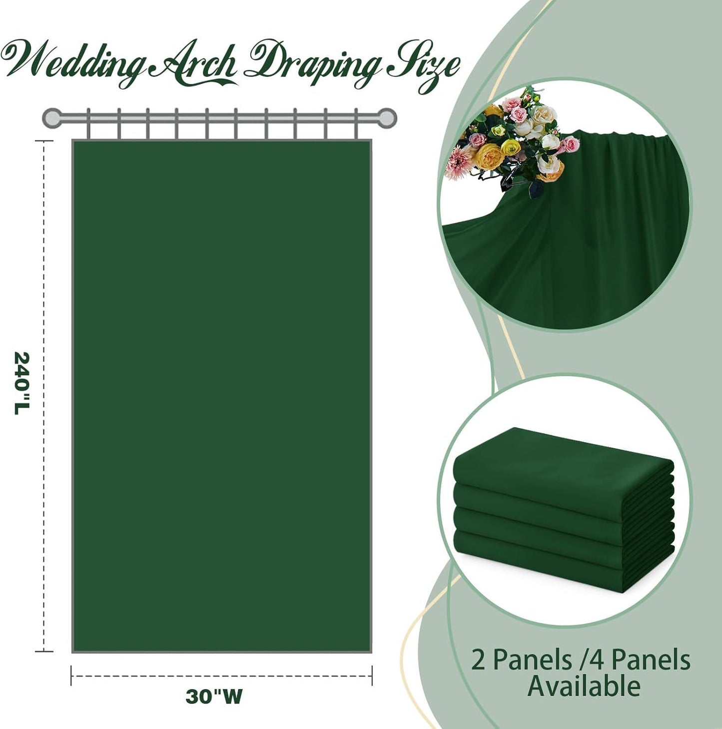 2 Pack Elegant Chiffon Wedding Arch Draping Fabric Panels for Outdoor Ceremony Backdrop and Party Decoration (Emerald green)