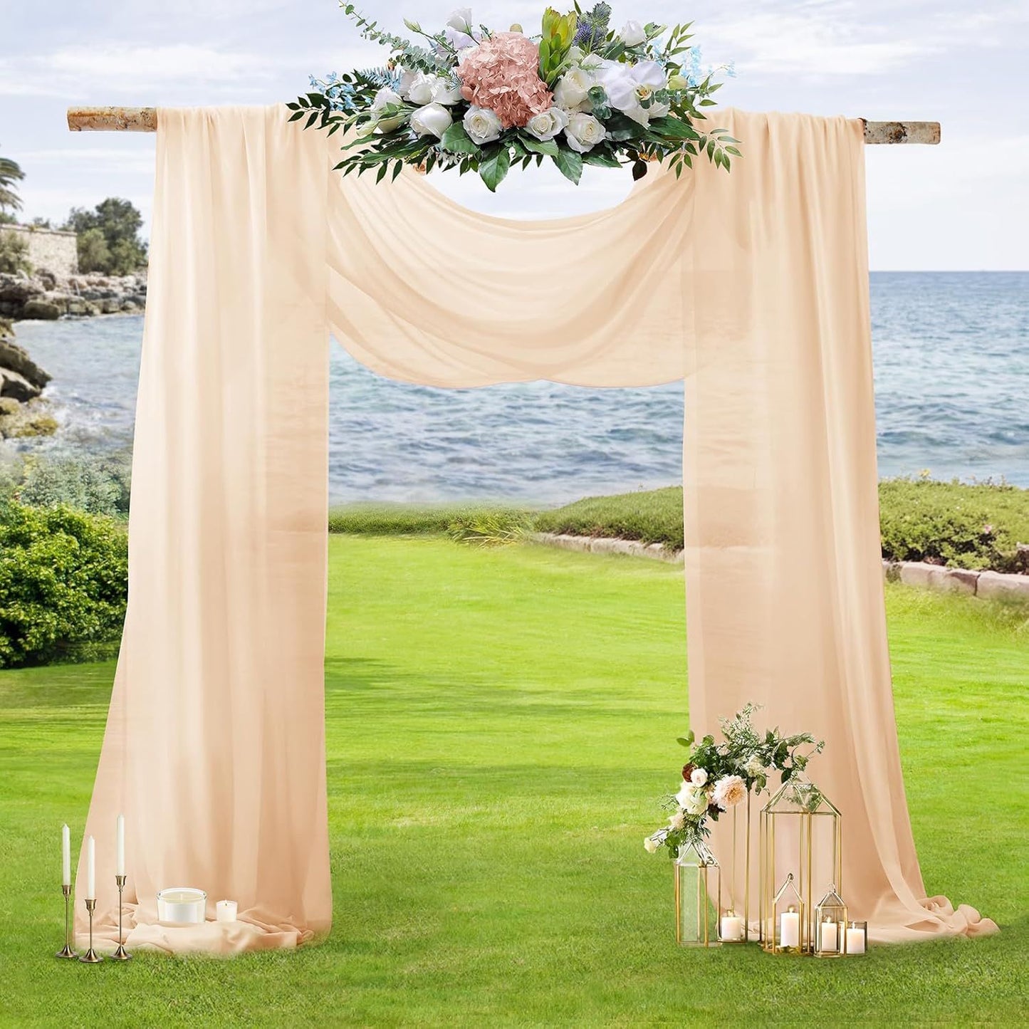 2 Pack Elegant Chiffon Wedding Arch Draping Fabric Panels for Outdoor Ceremony Backdrop and Party Decoration (Peach Pink)