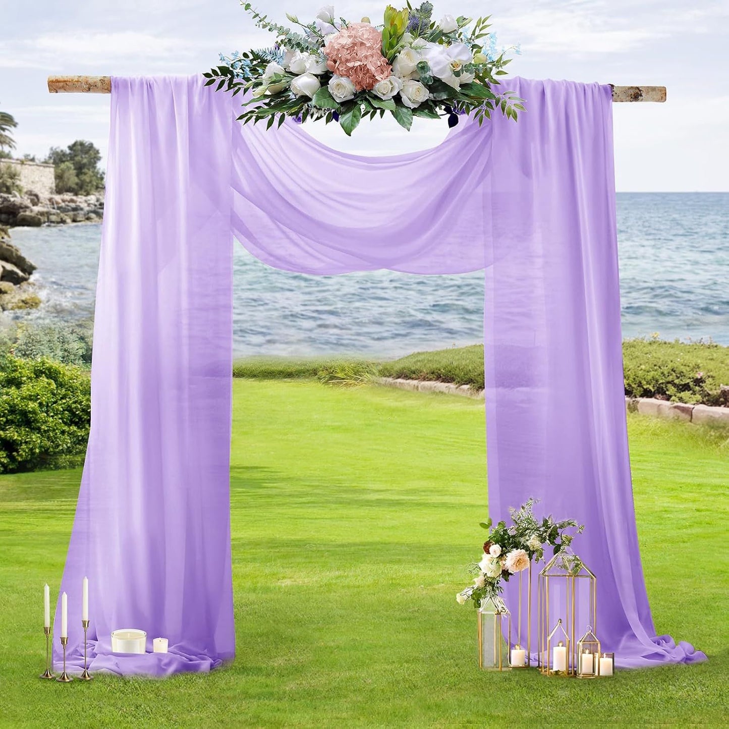 2 Pack Elegant Chiffon Wedding Arch Draping Fabric Panels for Outdoor Ceremony Backdrop and Party Decoration (Purple)