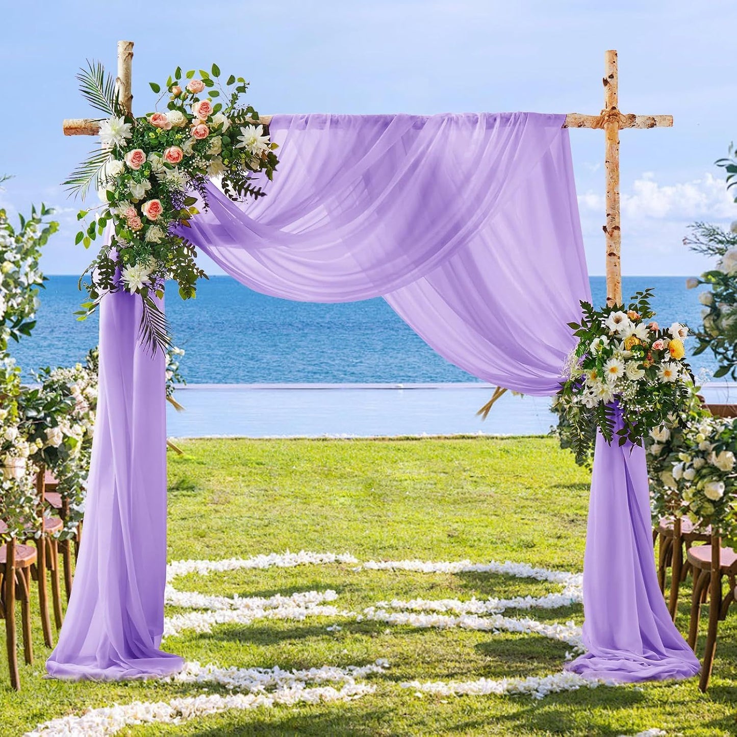 2 Pack Elegant Chiffon Wedding Arch Draping Fabric Panels for Outdoor Ceremony Backdrop and Party Decoration (Purple)