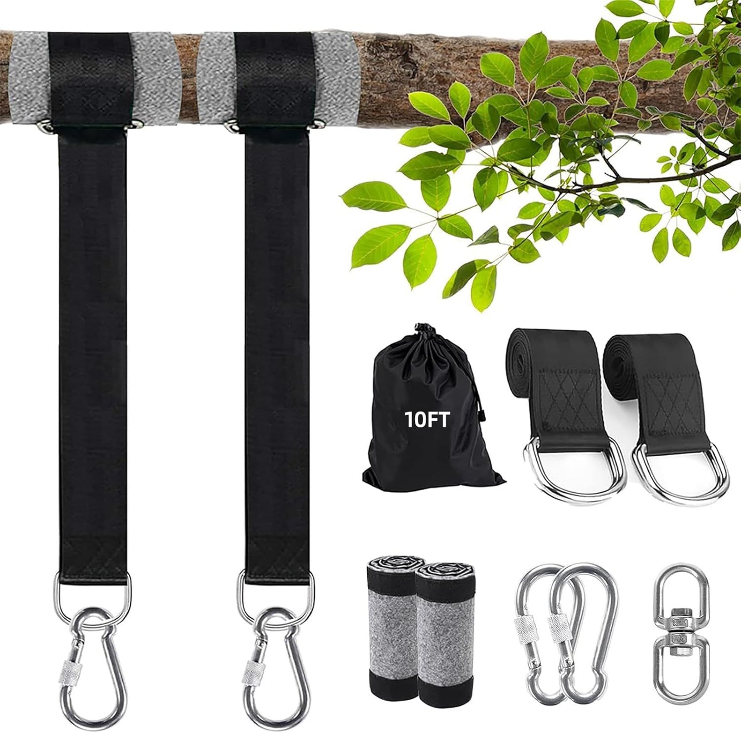 10ft Industrial-Grade Tree Hanging Straps – 5500lb Max Capacity, Complete Kit with Swivel Hook & Carry Bag for Adult Swings & Camping (Black)