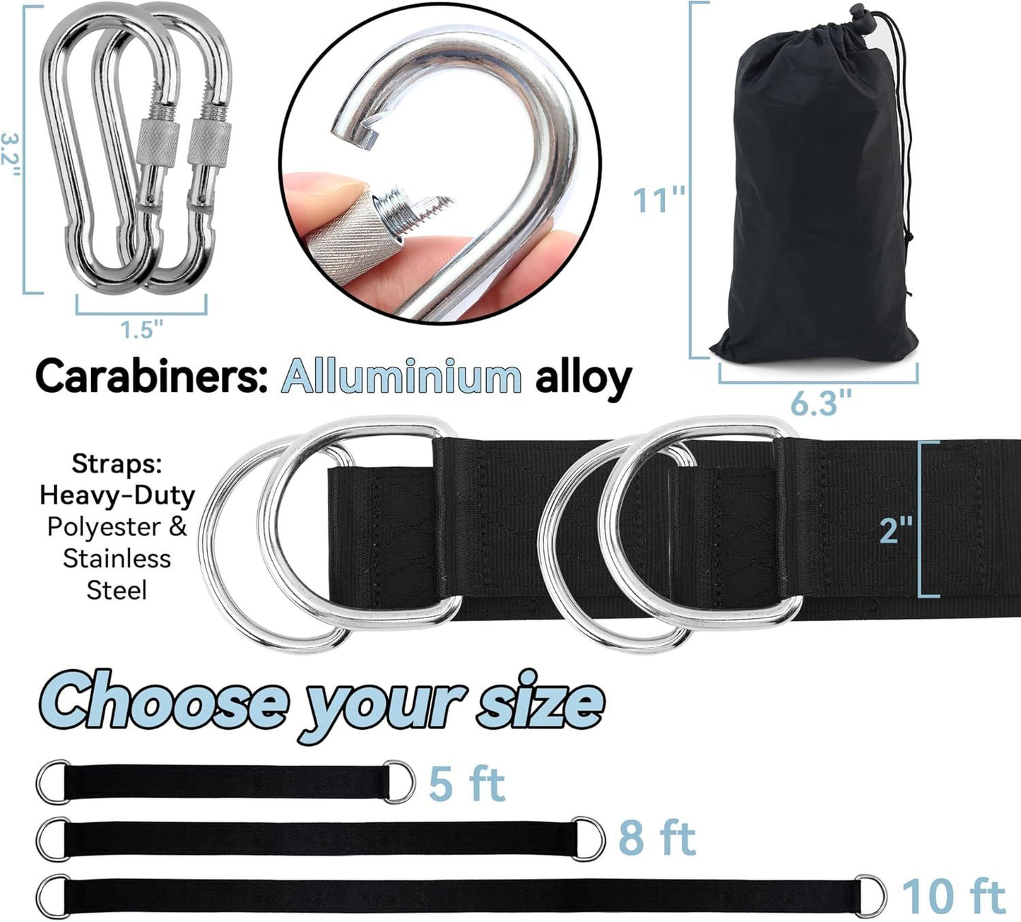 8ft Premium Polyester Swing Straps Set – 3000lb Load Rating, with Locking Carabiners & Tree Guards for Family Hammocks & Outdoor Play (Black)