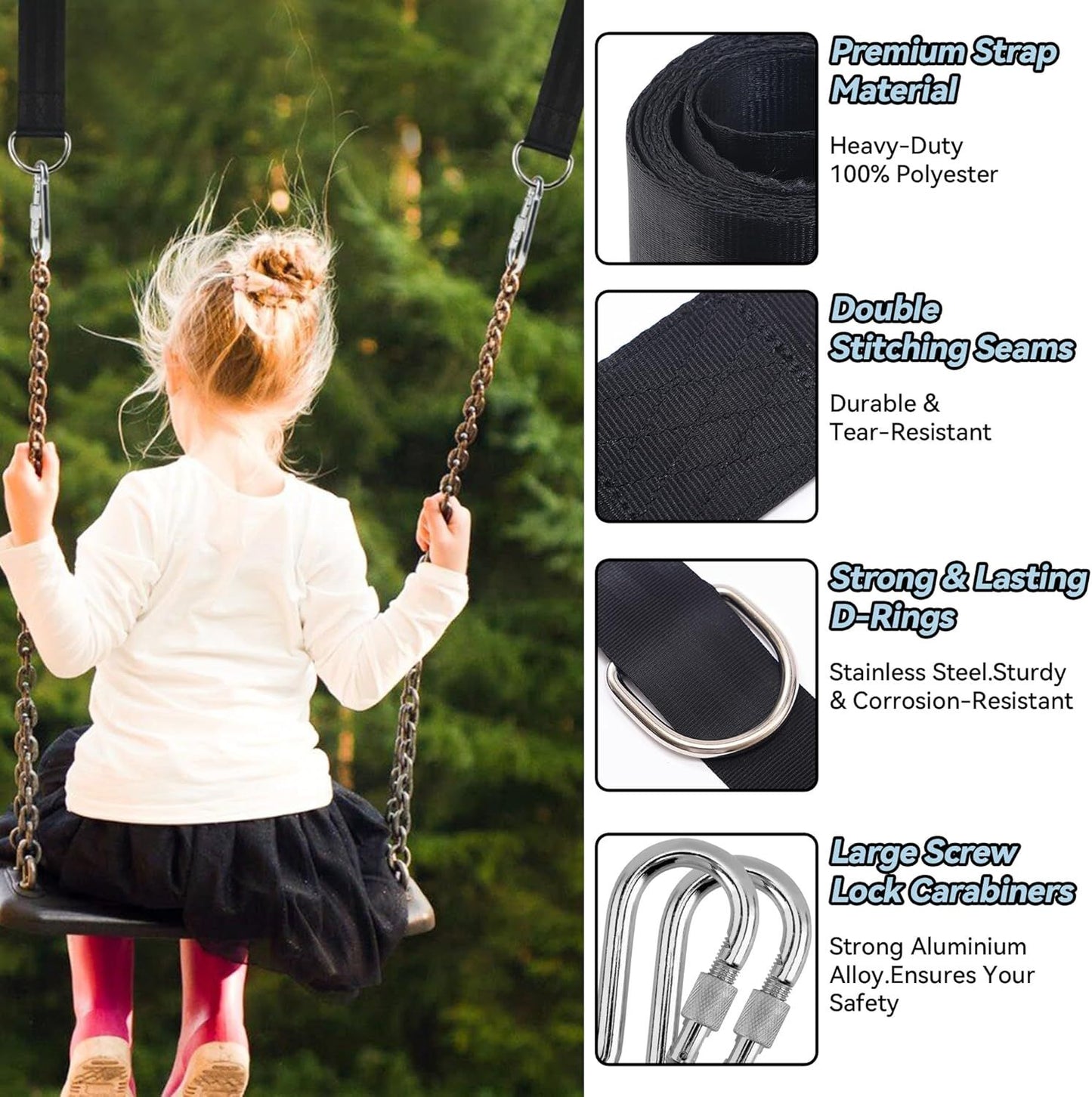 8ft Premium Polyester Swing Straps Set – 3000lb Load Rating, with Locking Carabiners & Tree Guards for Family Hammocks & Outdoor Play (Black)