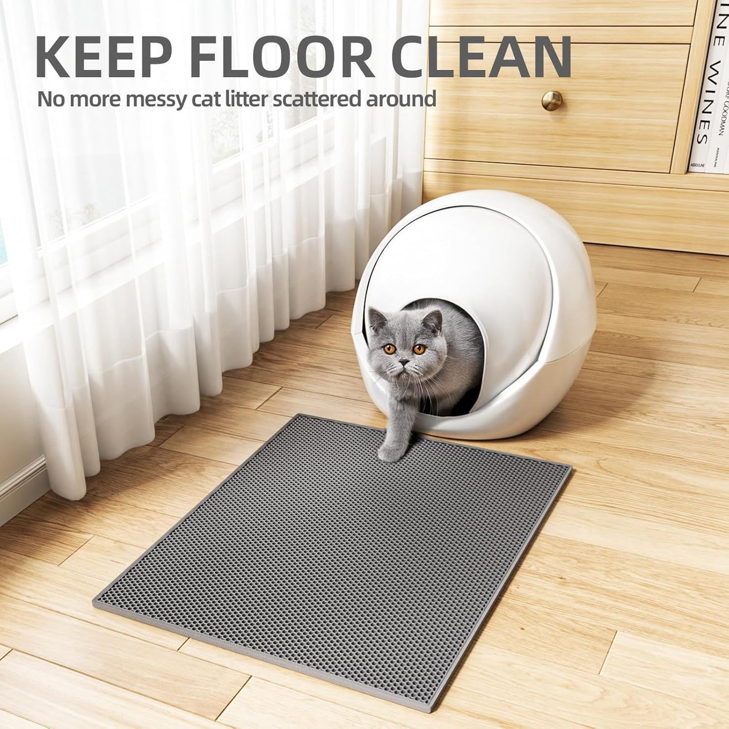 Double-Layer EVA Cat Litter Mat for Litter Box, Honeycomb Design Traps Scattered Sand, Waterproof & Non-Slip Floor Protector, Easy to Clean & Reuse (Grey)
