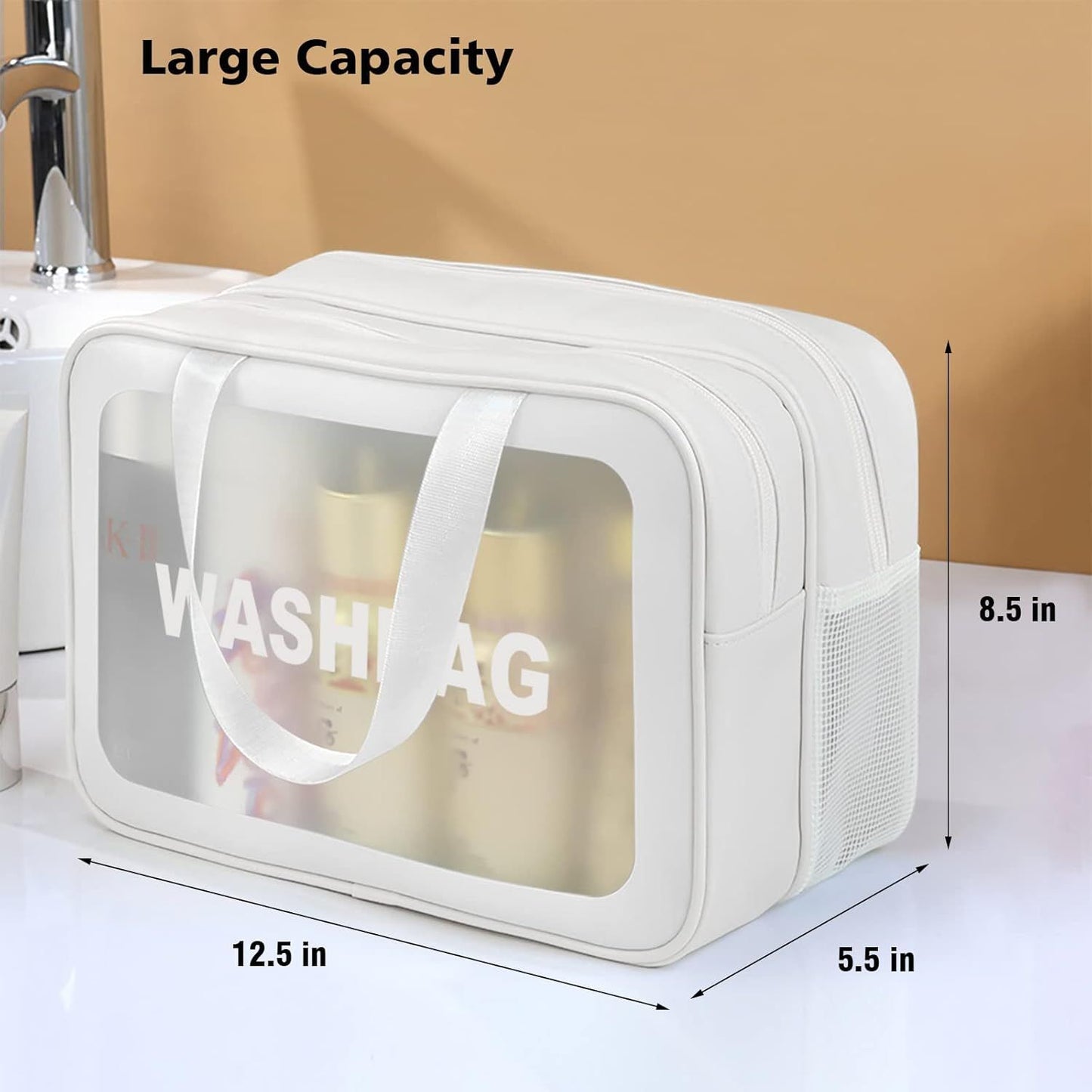 Large Capacity Travel Toiletry Bag with Dual Compartments, Waterproof PVC Cosmetic Organizer for Gym & Business Trips (White)