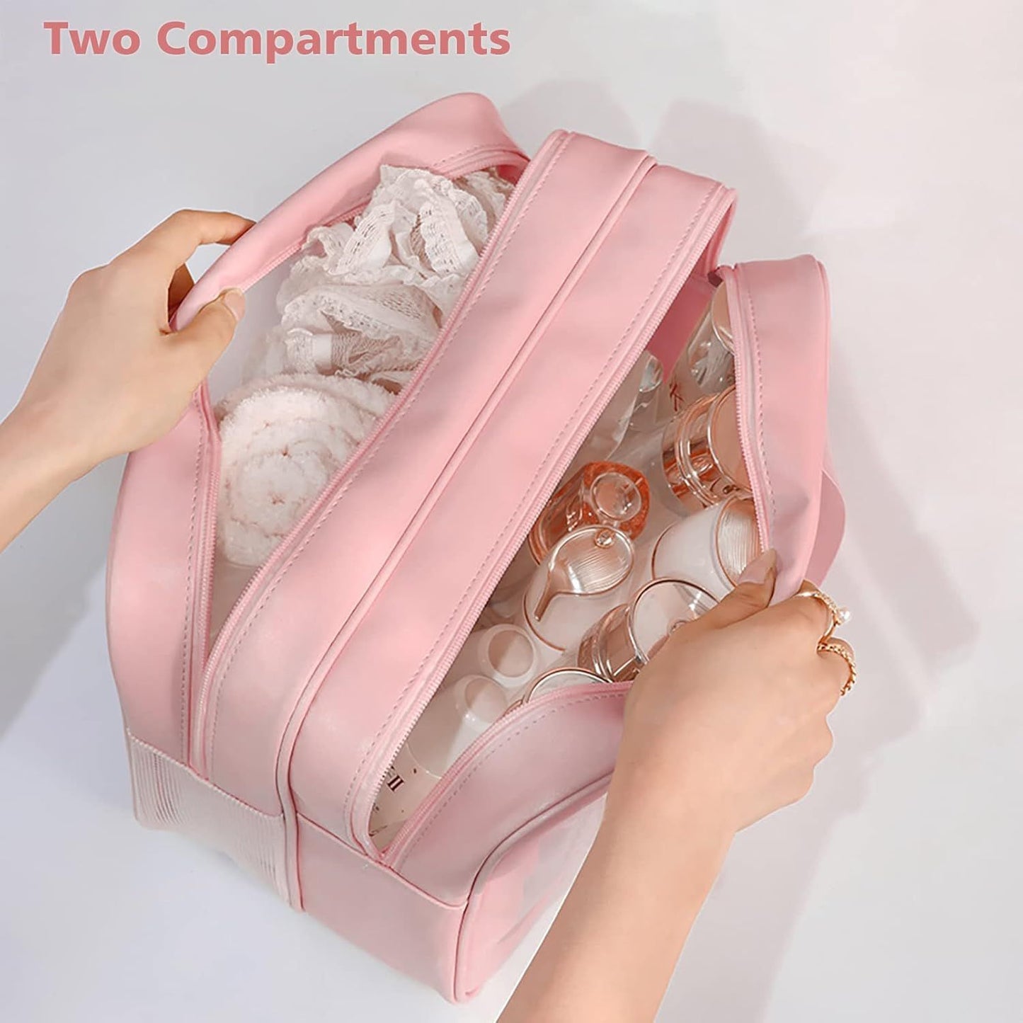 Large Capacity Travel Toiletry Bag with Dual Compartments, Waterproof PVC Cosmetic Organizer for Gym & Business Trips (Pink)