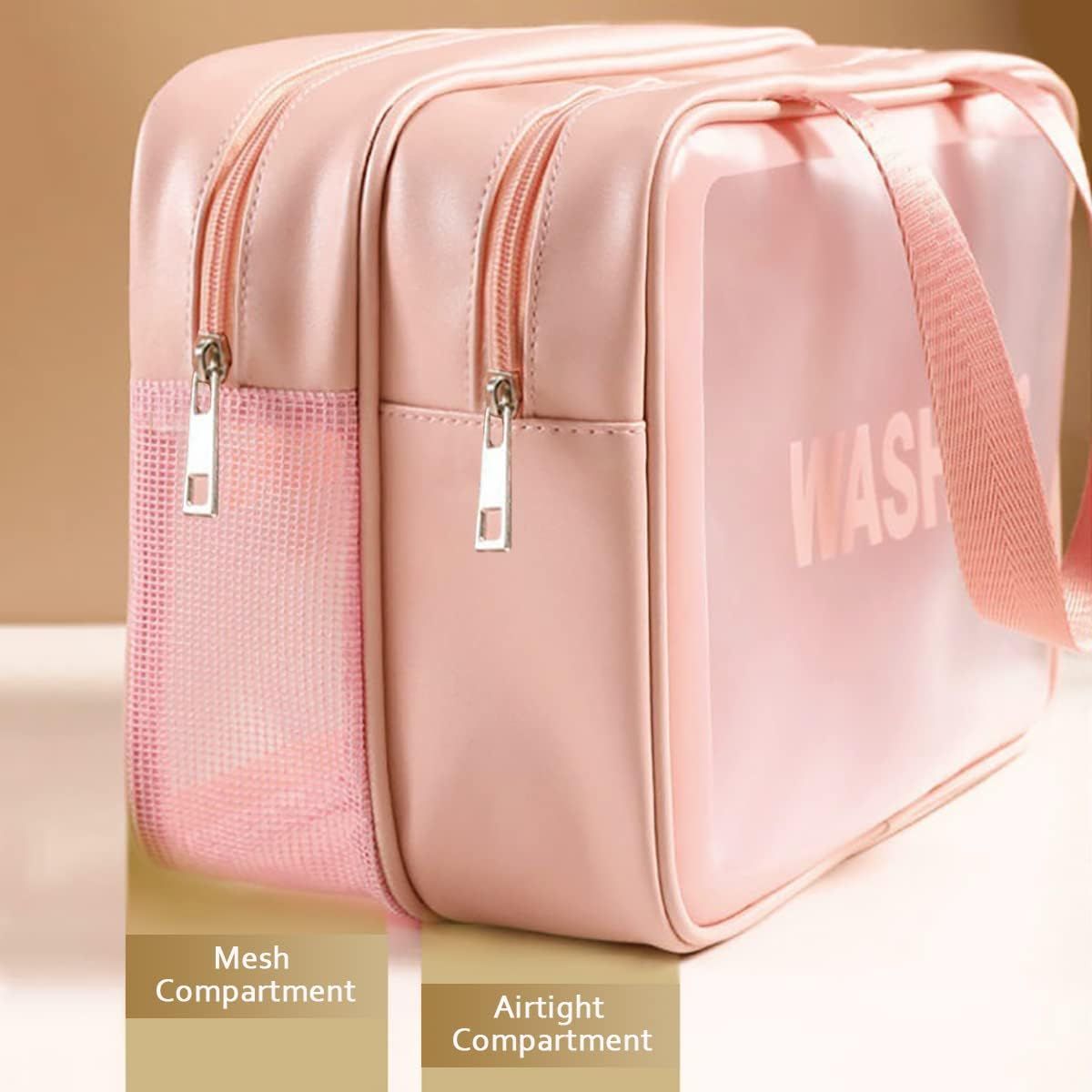Large Capacity Travel Toiletry Bag with Dual Compartments, Waterproof PVC Cosmetic Organizer for Gym & Business Trips (Pink)