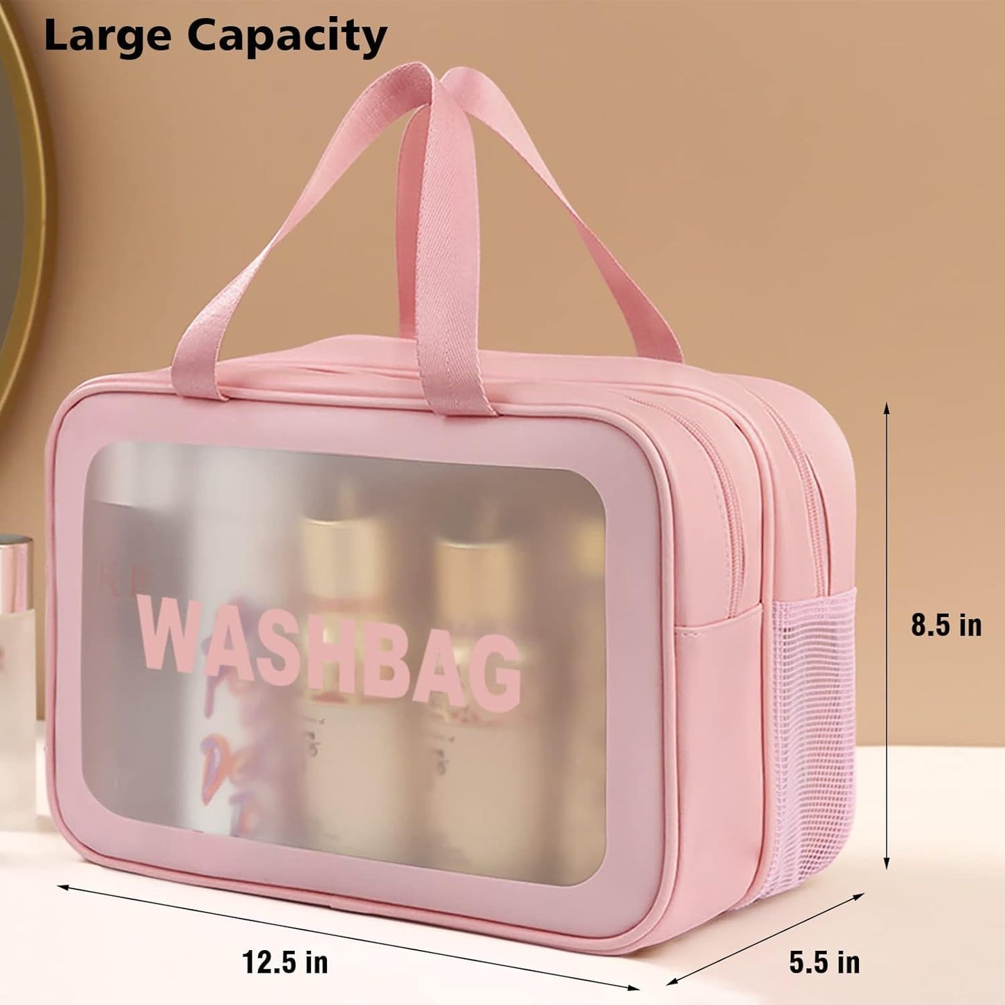 Large Capacity Travel Toiletry Bag with Dual Compartments, Waterproof PVC Cosmetic Organizer for Gym & Business Trips (Pink)