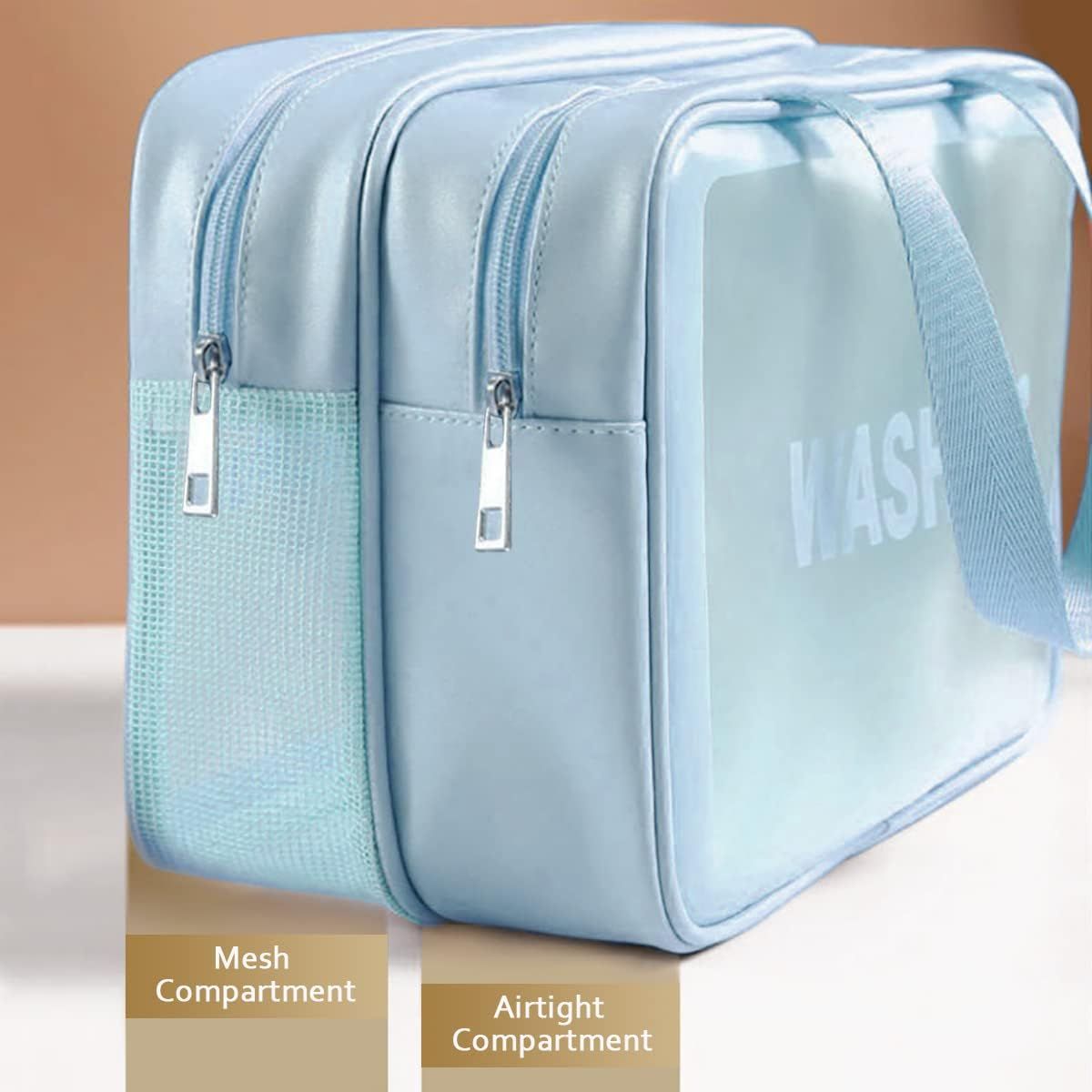 Large Capacity Travel Toiletry Bag with Dual Compartments, Waterproof PVC Cosmetic Organizer for Gym & Business Trips (Blue)