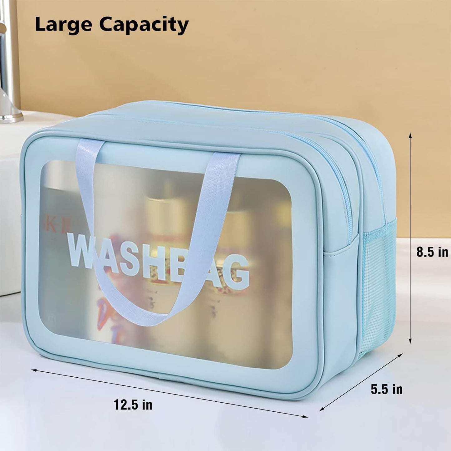 Large Capacity Travel Toiletry Bag with Dual Compartments, Waterproof PVC Cosmetic Organizer for Gym & Business Trips (Blue)