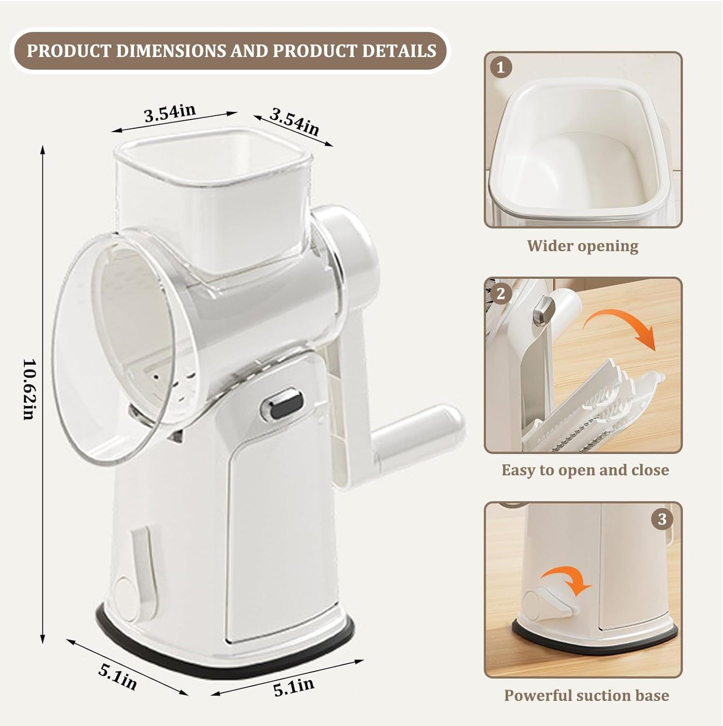 5-in-1 Hand Crank Rotary Vegetable Slicer & Grater with 10 Blades, Hidden Storage Box for Kitchen Food Prep (White)