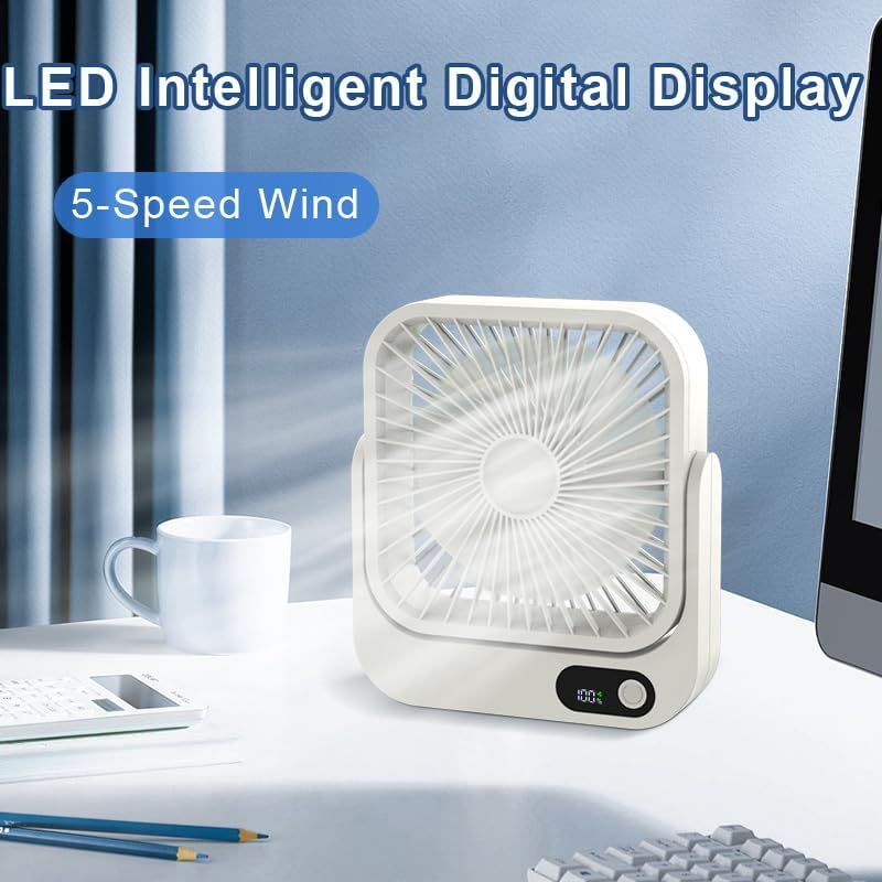 Magnetic Rechargeable Mini Desk Fan with 5-Speed LED Display for Office, Dorm & Bedside Use (White)