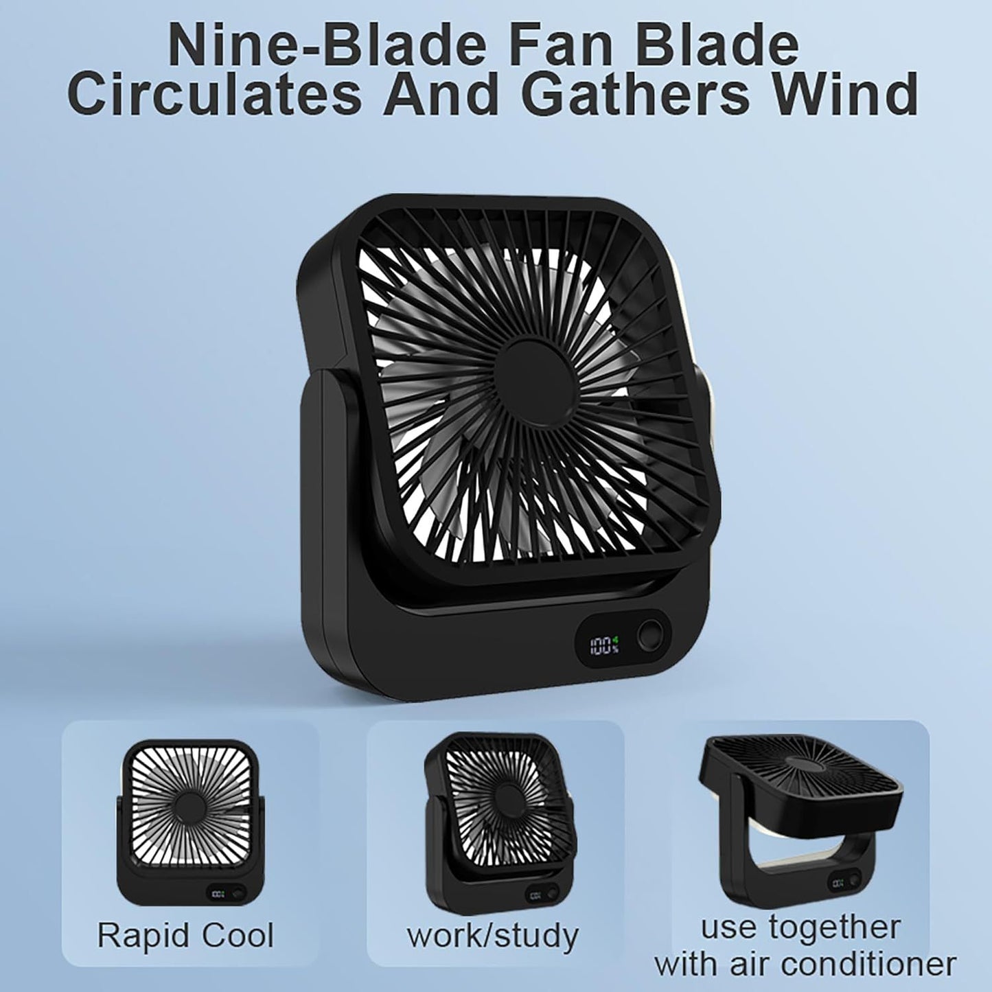 Magnetic Rechargeable Mini Desk Fan with 5-Speed LED Display for Office, Dorm & Bedside Use (Black)