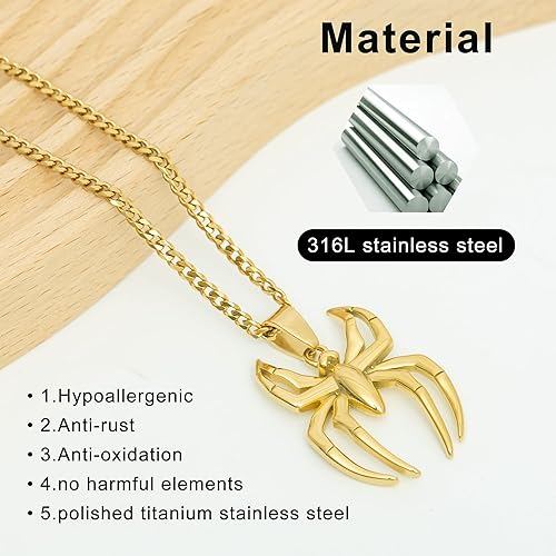 Spider Pendant Necklace Surgical Steel Superhero Spiderman Jewelry for Kids- Gold-A