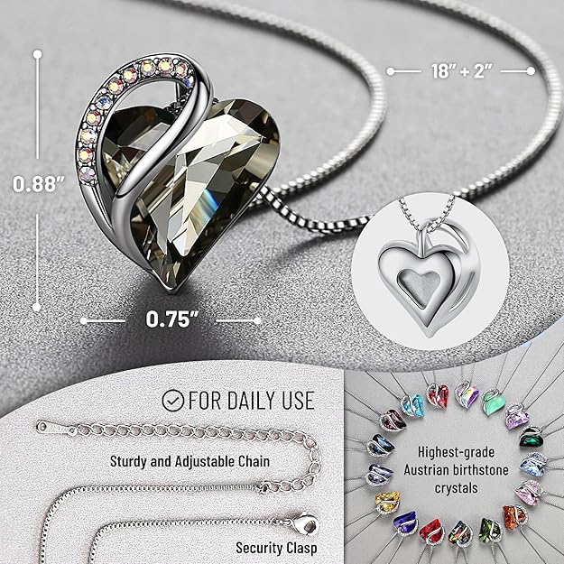 Infinity Love Heart Necklace, Birthstone Necklace for Women, Jewelry for Women with Healing Crystals, Allergy Free Pendant Necklace-13c-Protection-Crystal Black
