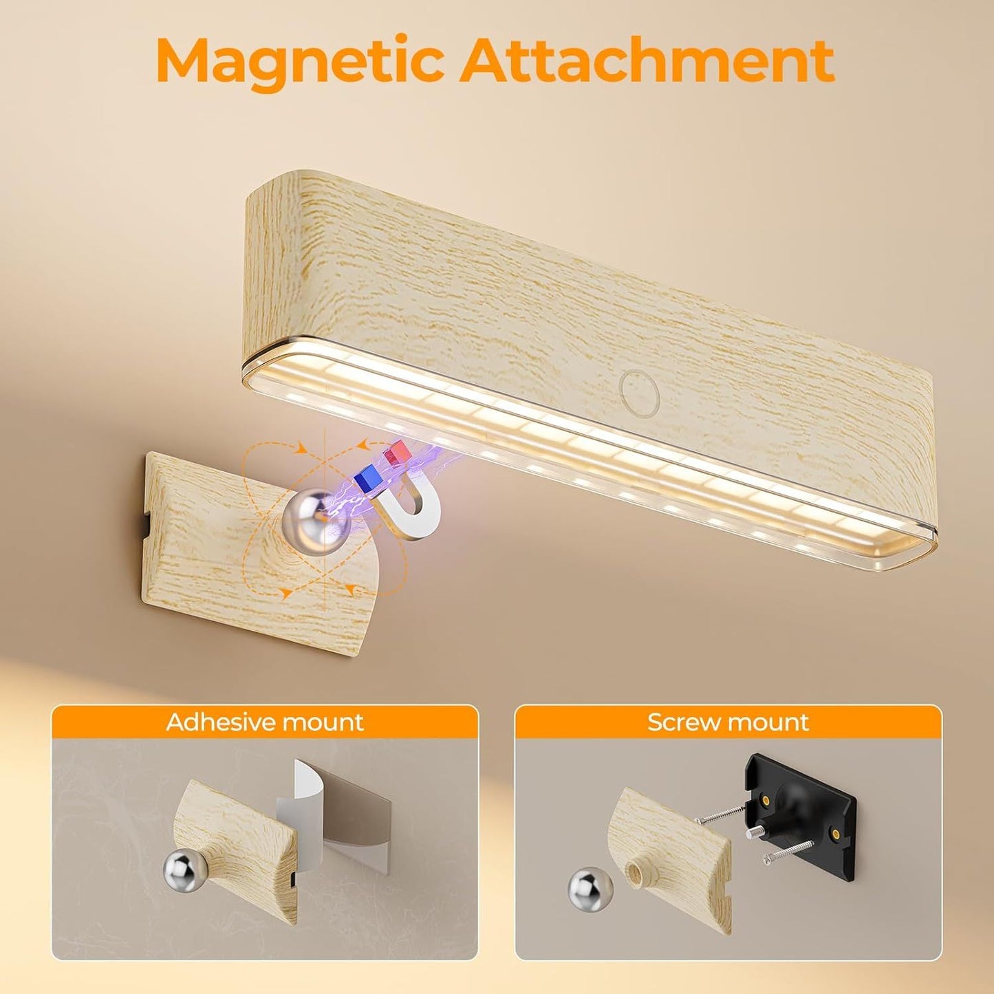Magnetic Wireless Battery Operated Wall Sconce, Rechargeable Remote Control & Touch Control Wall Sconces Set of Two, 3-Color Temperatures LED Wall Lights, 360° Rotatable (Beech, 2-Pack)