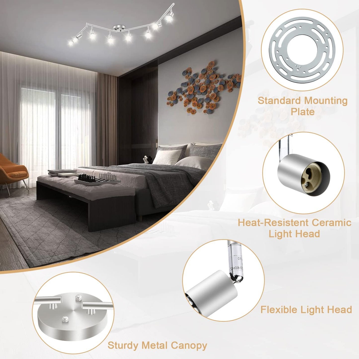 8 Lights LED Track Lighting Kit, Foldable Ceiling Spot Lighting with Flexibly Rotatable Head, Track Light for Kitchen Hallway Room Closet, GU10 Bulbs Not Included (Brush Nickel 8 Heads)