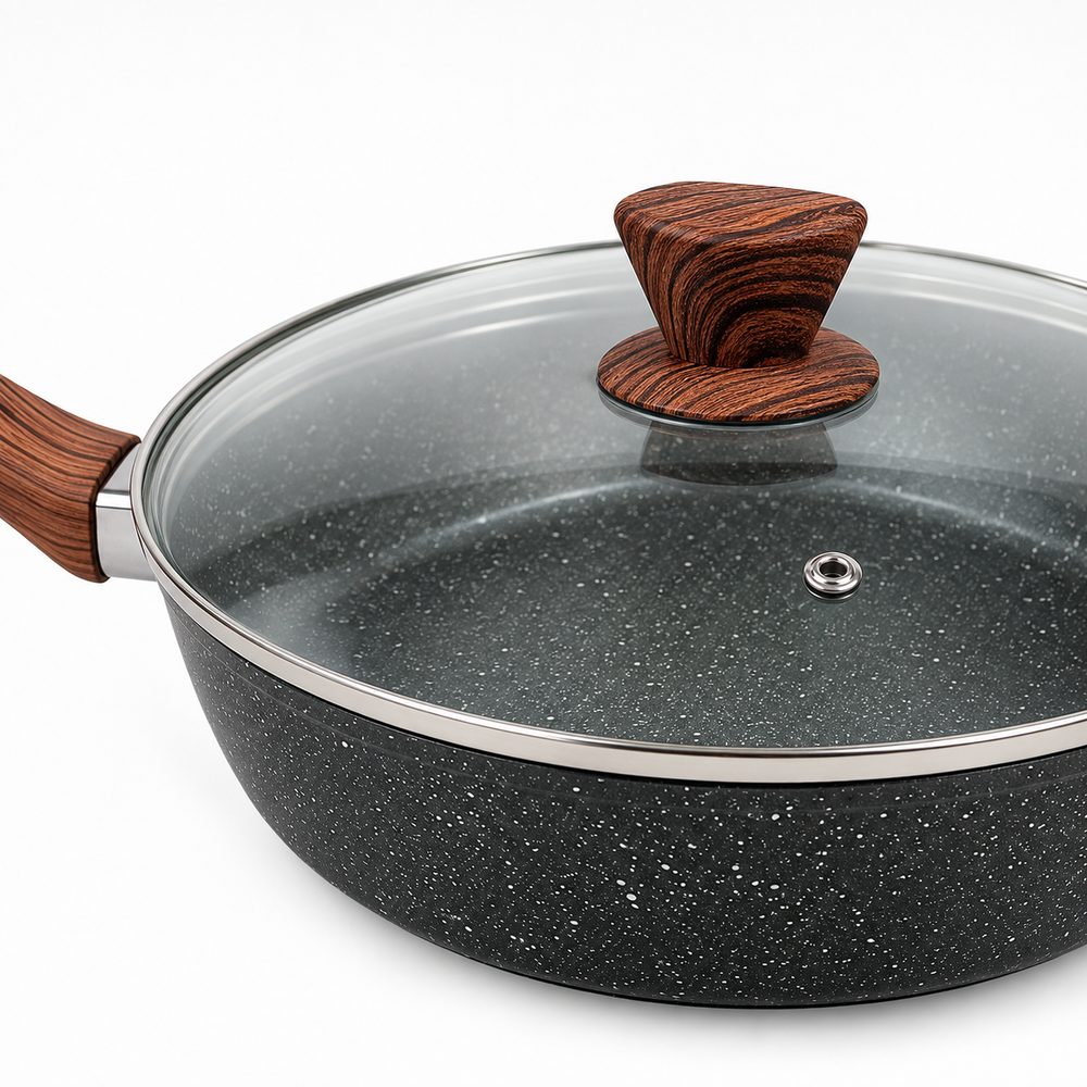 28cm PFOA Free Non-Stick Saute Pan with Lid, Marble-Effect Non-Stick Coating, Induction Compatible, Soft-Touch Handle, Dishwasher Safe