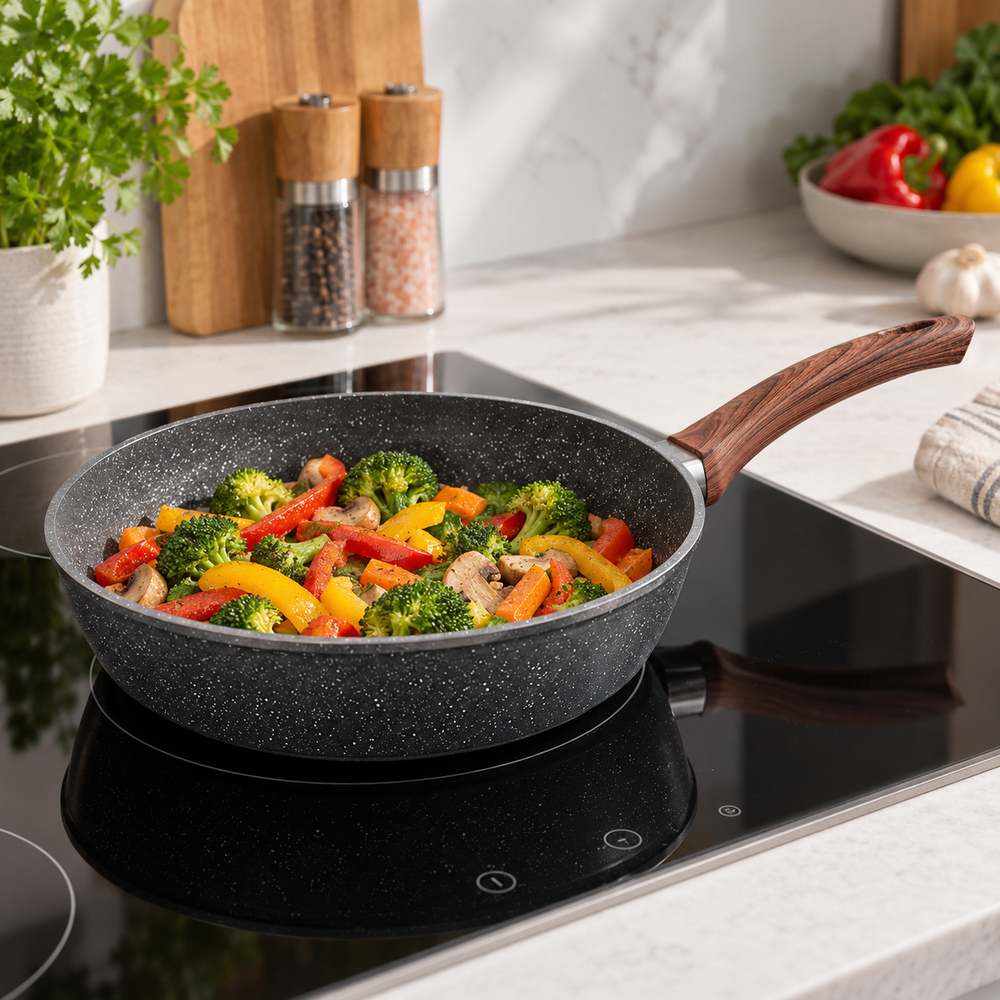 28cm PFOA Free Non-Stick Saute Pan with Lid, Marble-Effect Non-Stick Coating, Induction Compatible, Soft-Touch Handle, Dishwasher Safe