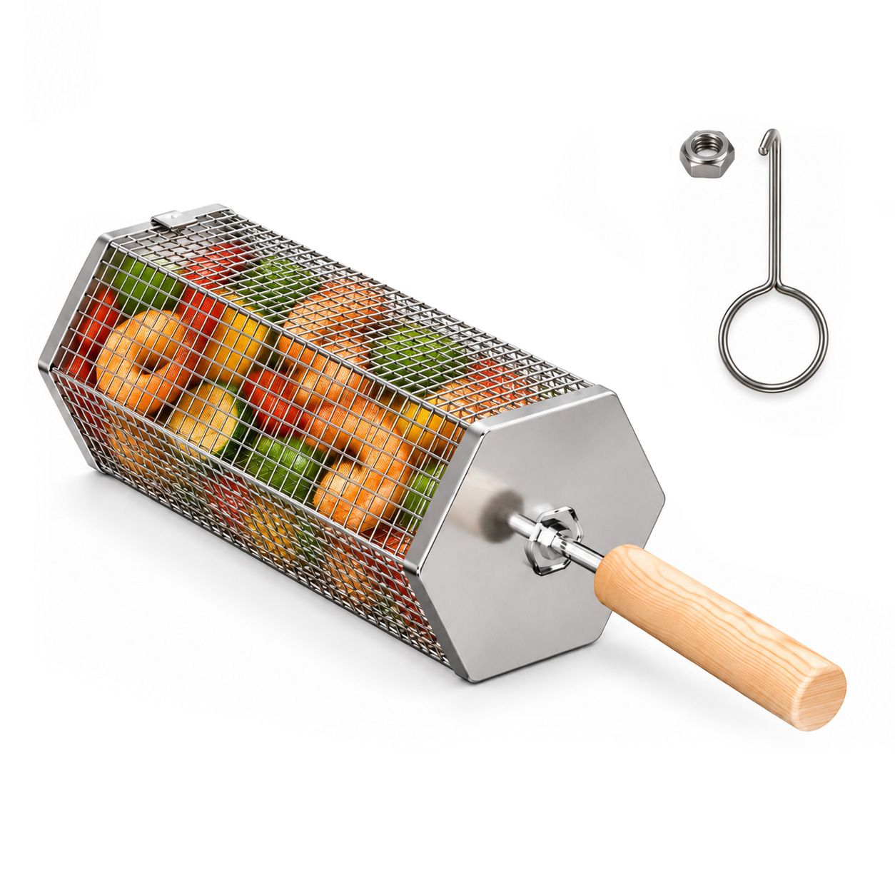 Rolling Grill Basket with Removable Handle, 304 Stainless Steel BBQ Grilling Basket for Vegetables, Fish, Shrimp & Meat