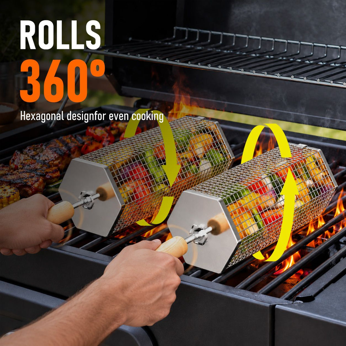 Rolling Grill Basket with Removable Handle, 304 Stainless Steel BBQ Grilling Basket for Vegetables, Fish, Shrimp & Meat
