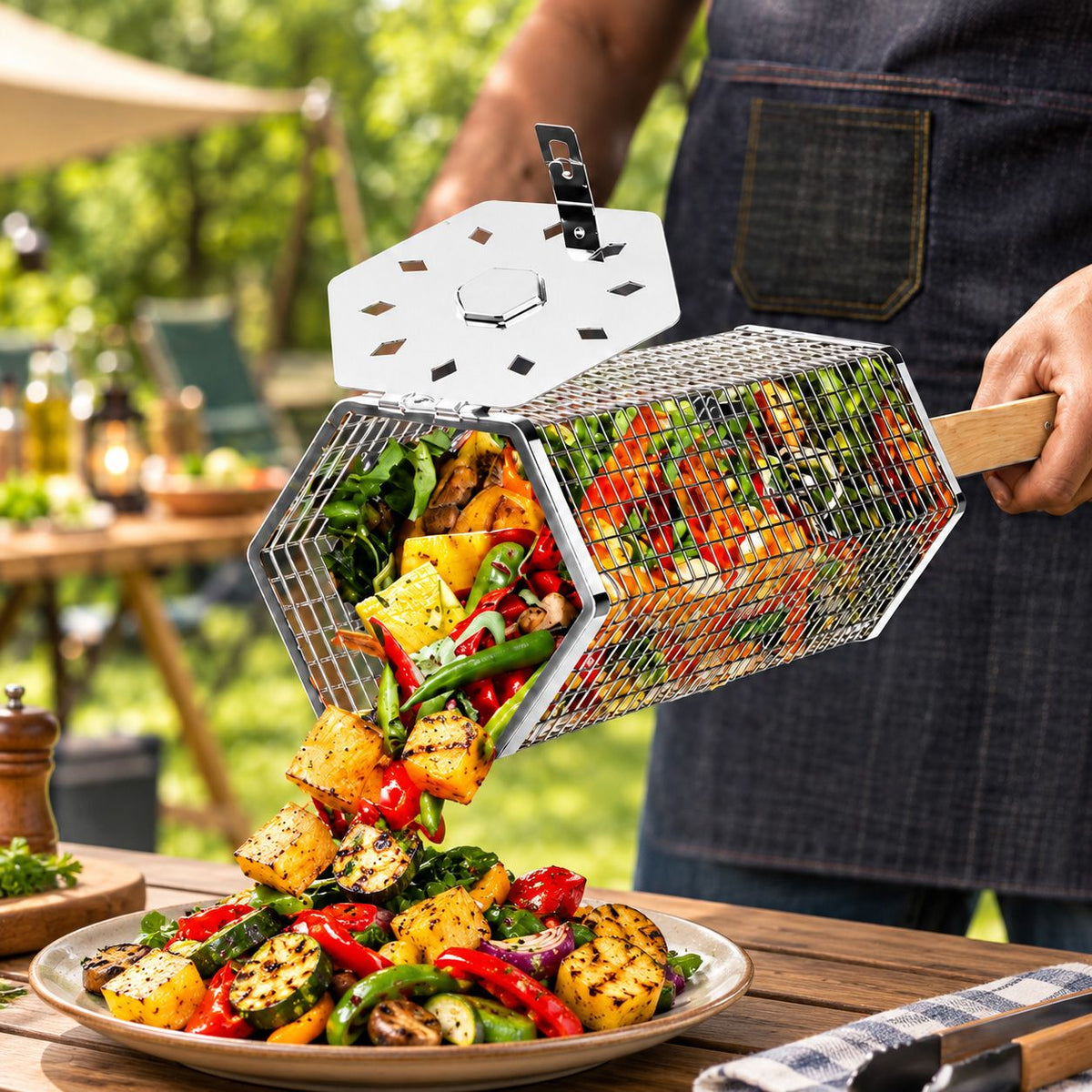 Rolling Grill Basket with Removable Handle, 304 Stainless Steel BBQ Grilling Basket for Vegetables, Fish, Shrimp & Meat