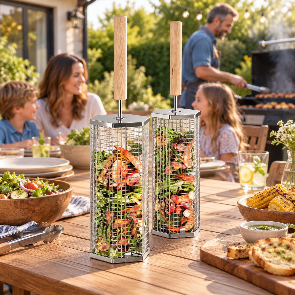 Rolling Grill Basket with Removable Handle, 304 Stainless Steel BBQ Grilling Basket for Vegetables, Fish, Shrimp & Meat
