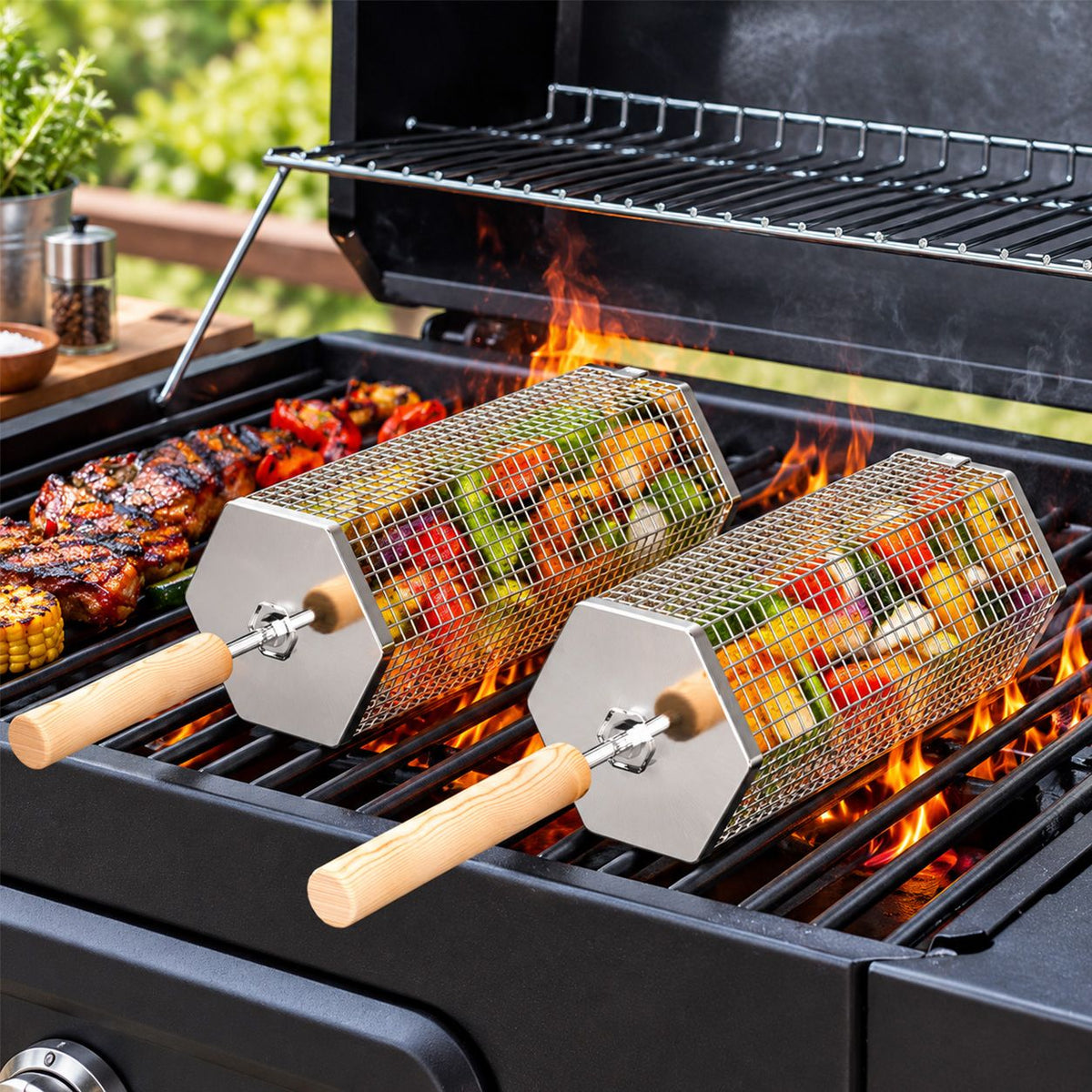 2Pcs Rolling Grill Basket with Removable Handle, 304 Stainless Steel BBQ Grilling Basket for Vegetables, Fish, Shrimp & Meat